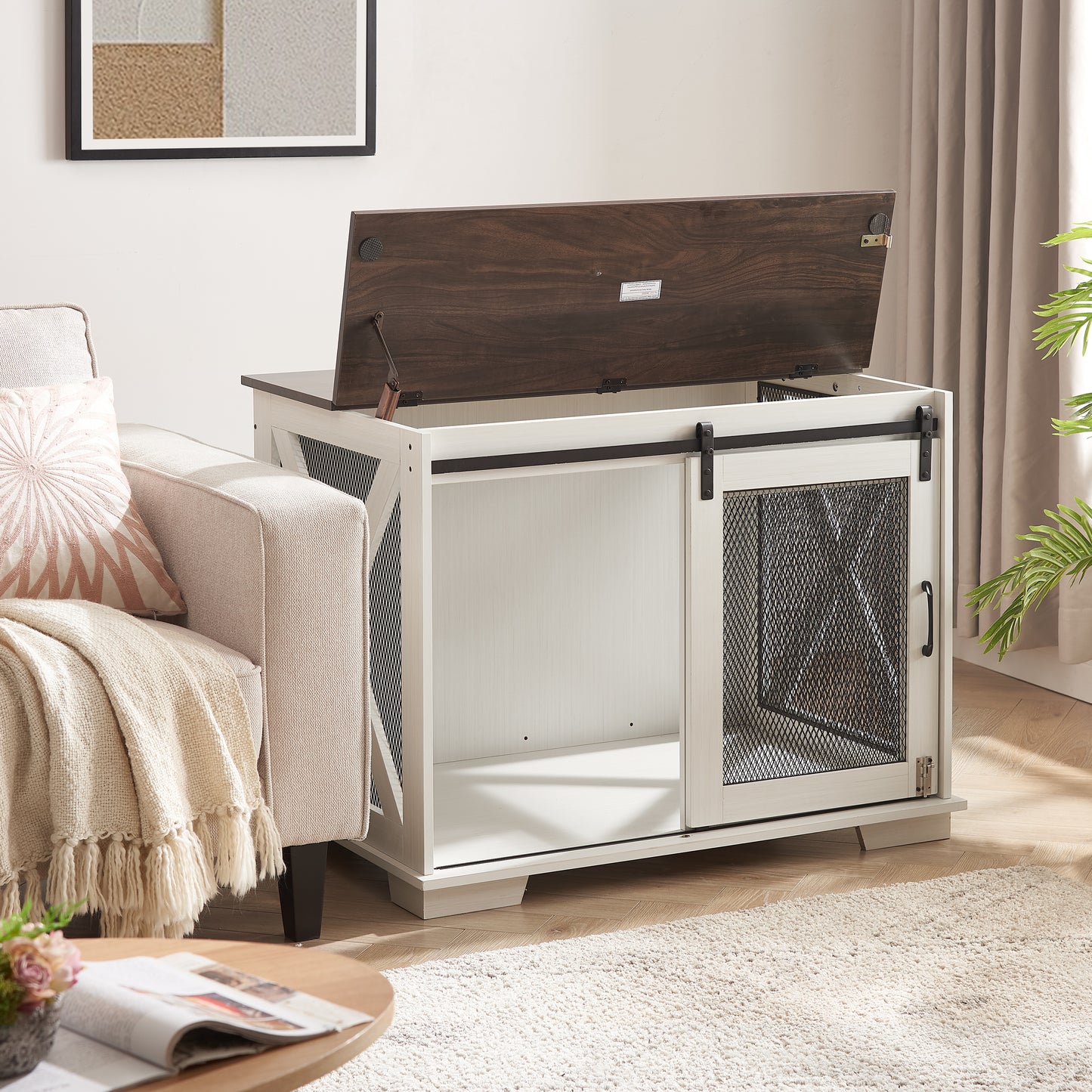 White wooden dog crate furniture with dark wood lid and sliding mesh door