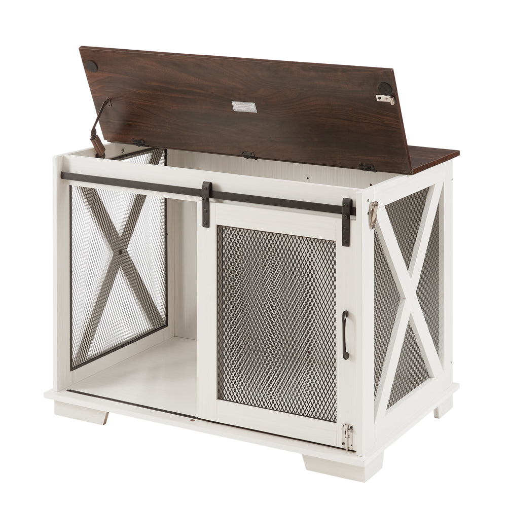 Rustic white wood dog crate with sliding barn door and hinged dark wood top