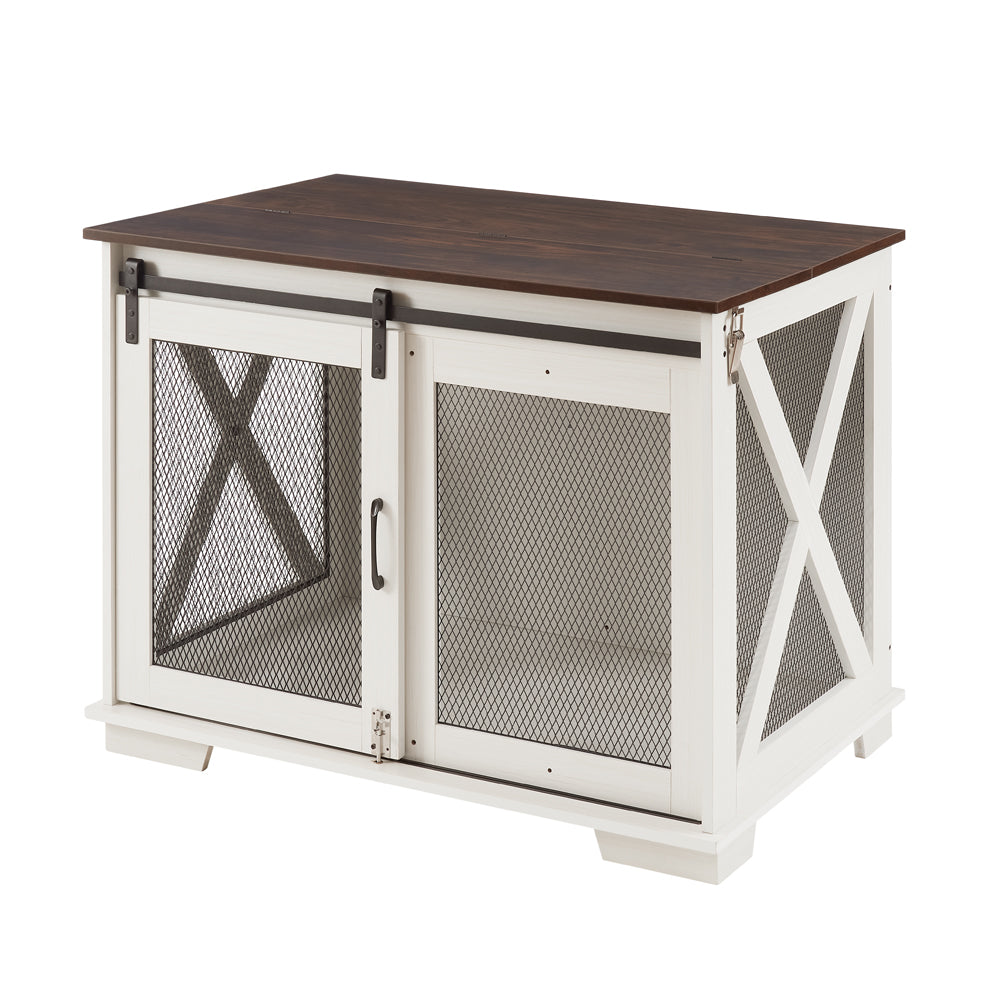 White farmhouse dog crate with sliding barn door and dark wood top