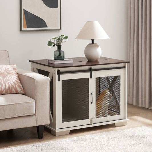 White farmhouse dog crate with sliding barn doors and a dark wood top