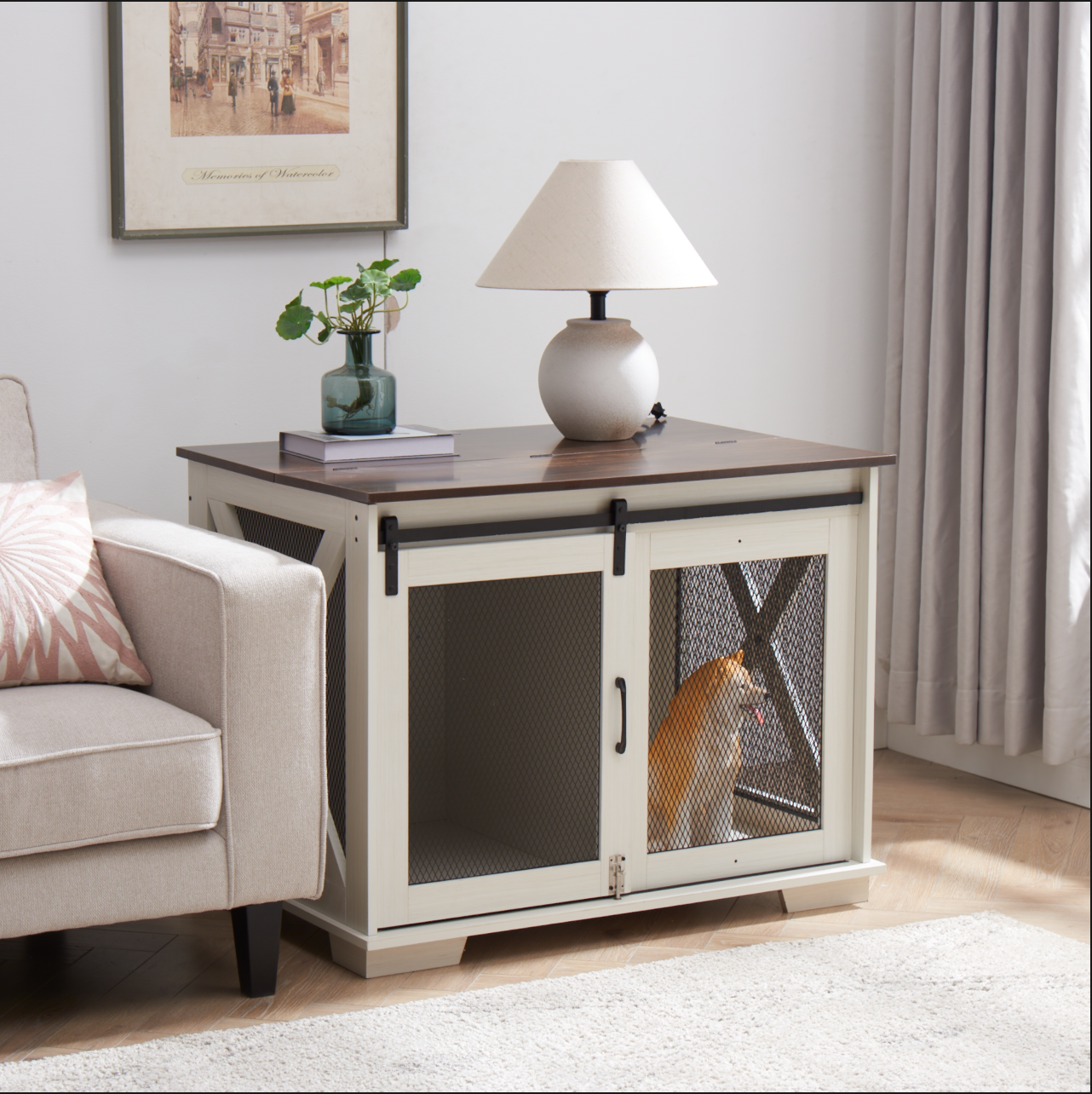 White wooden dog crate with sliding barn doors featuring a modern farmhouse design