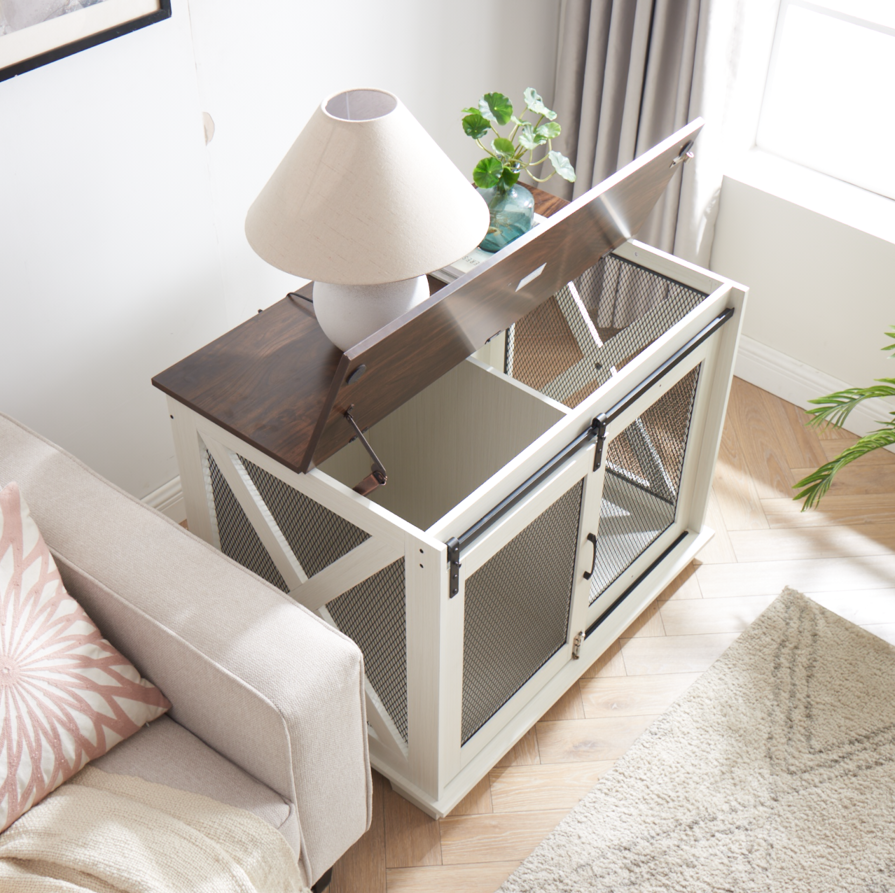 White wooden dog crate end table with dark wood lid and mesh doors  characters