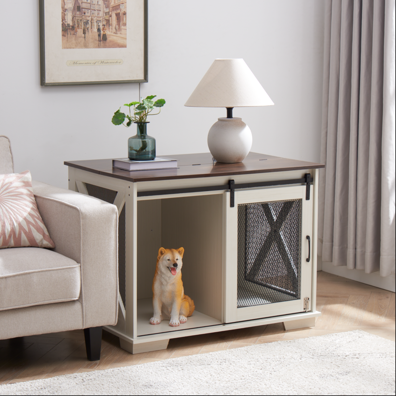 Farmhouse dog crate end table in antique white with dark wood top