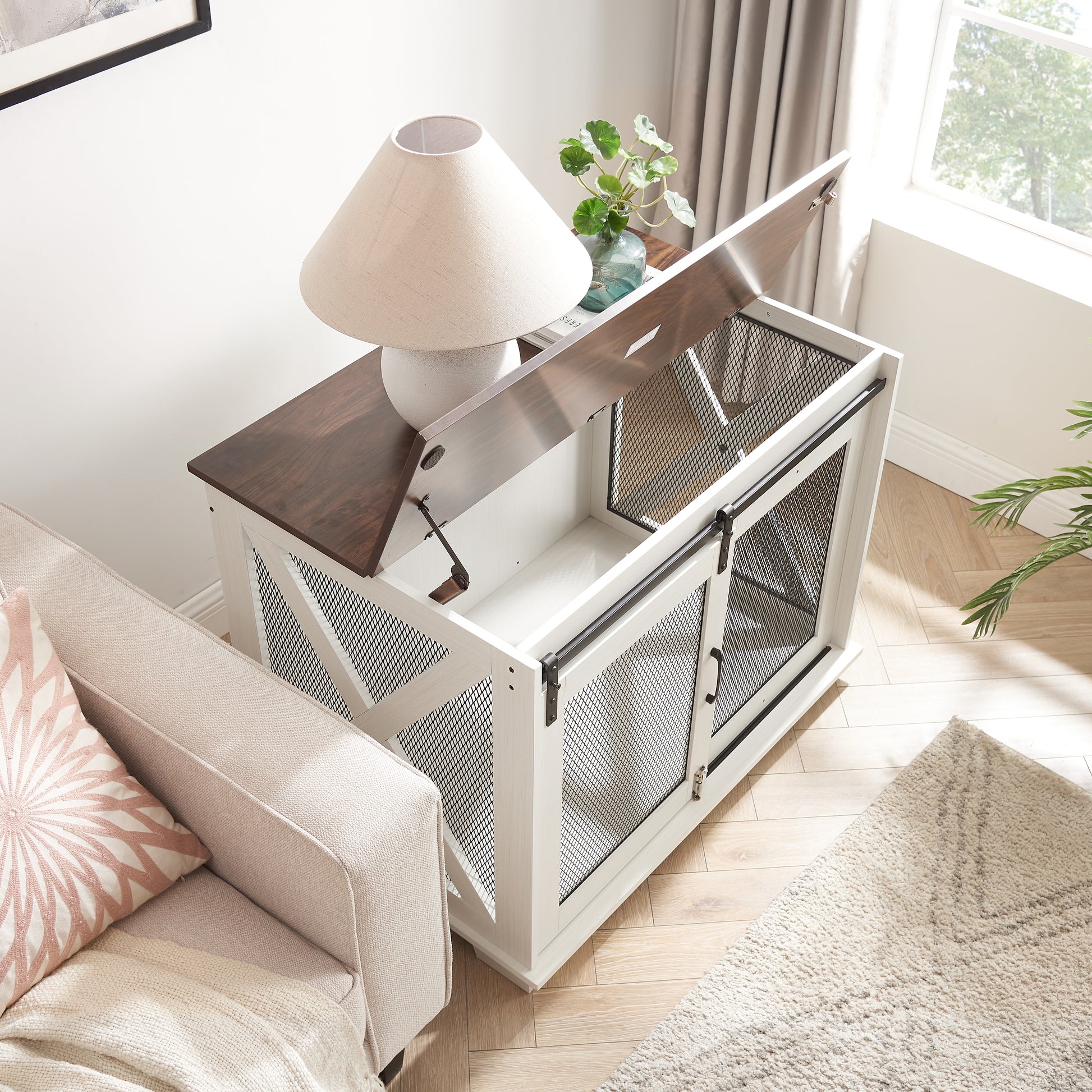 White wooden dog crate furniture with dark wood top and mesh doors