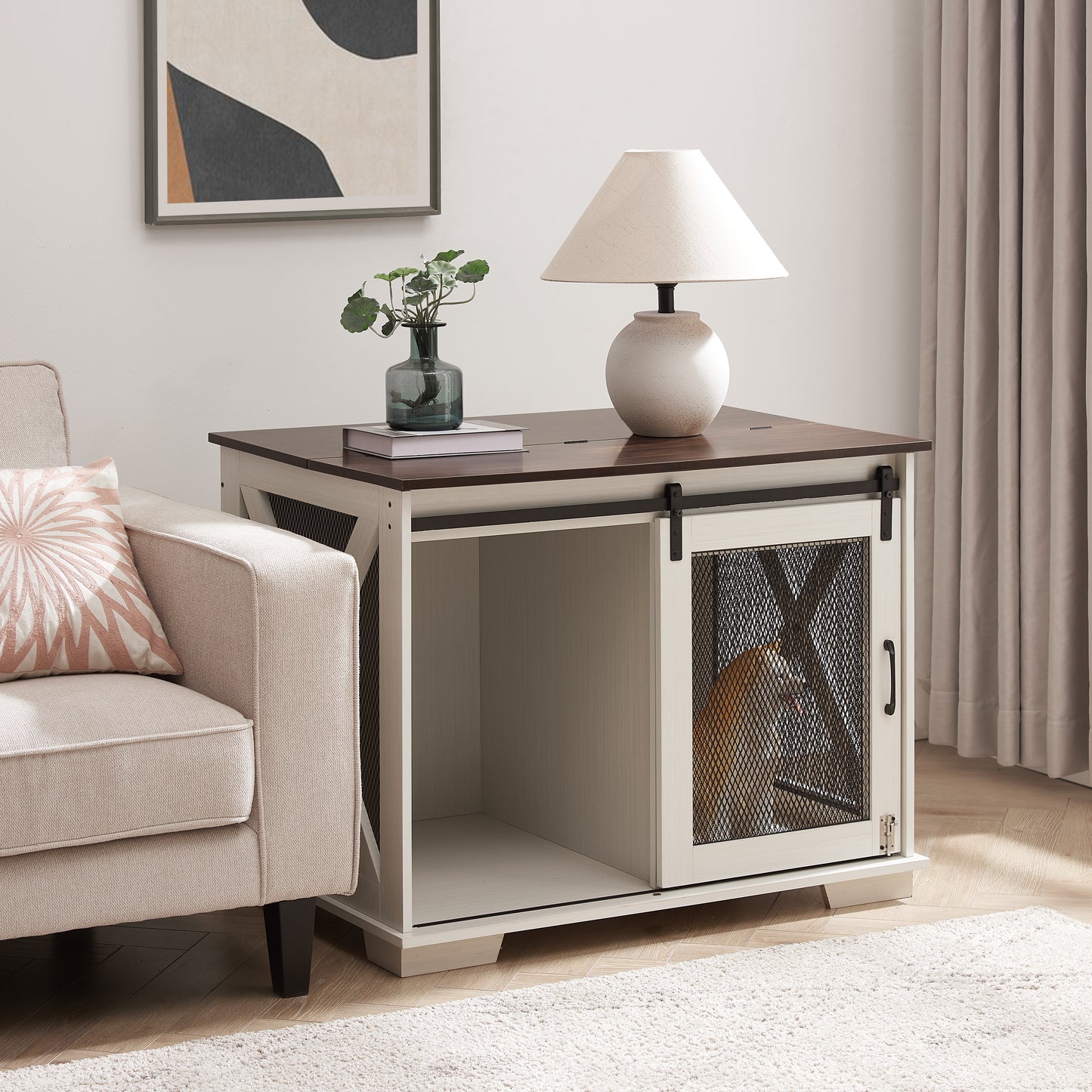 Rustic white dog crate end table with sliding barn door and dark wood top Fits medium breeds