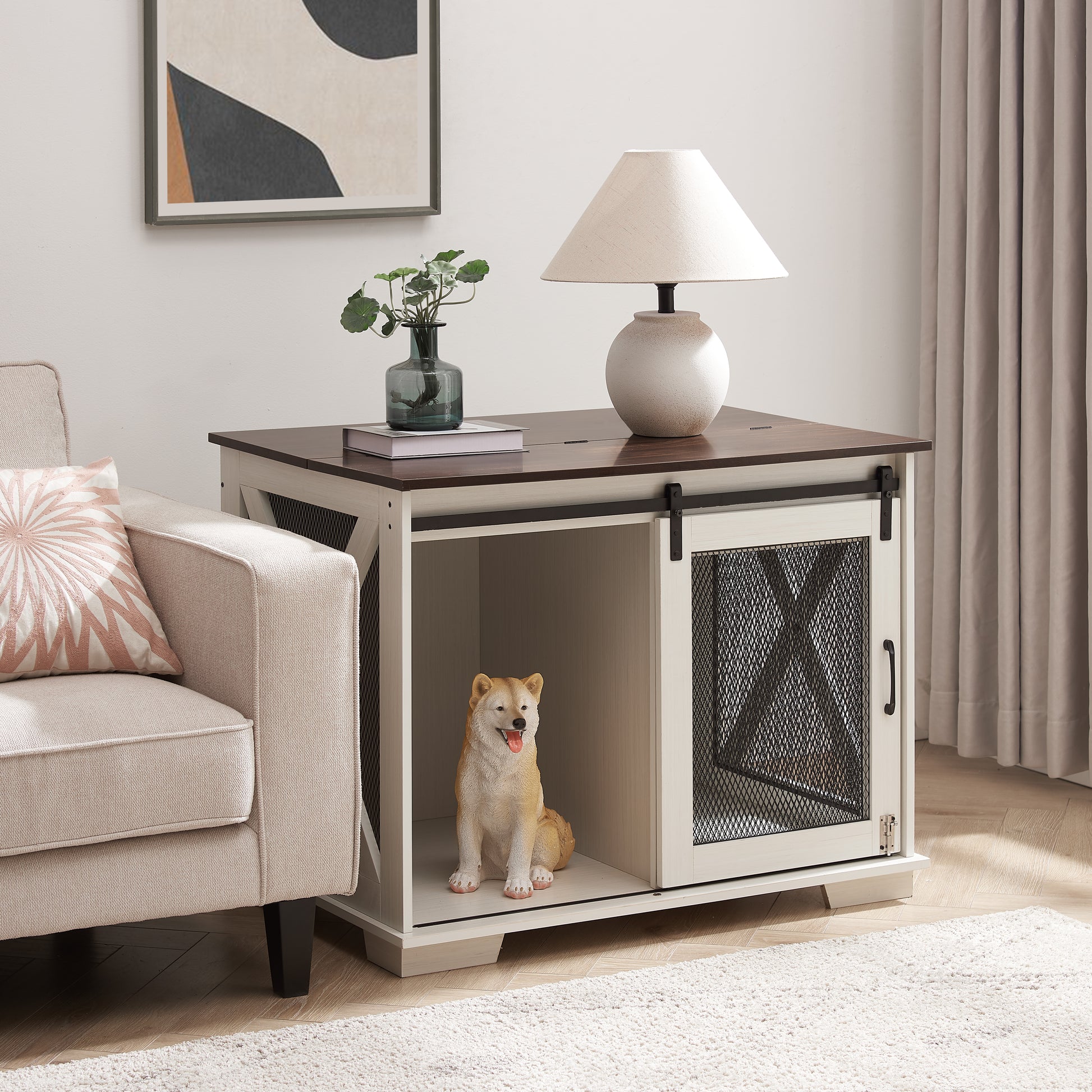 Rustic farmhouse dog crate end table with sliding barn door and wire mesh front