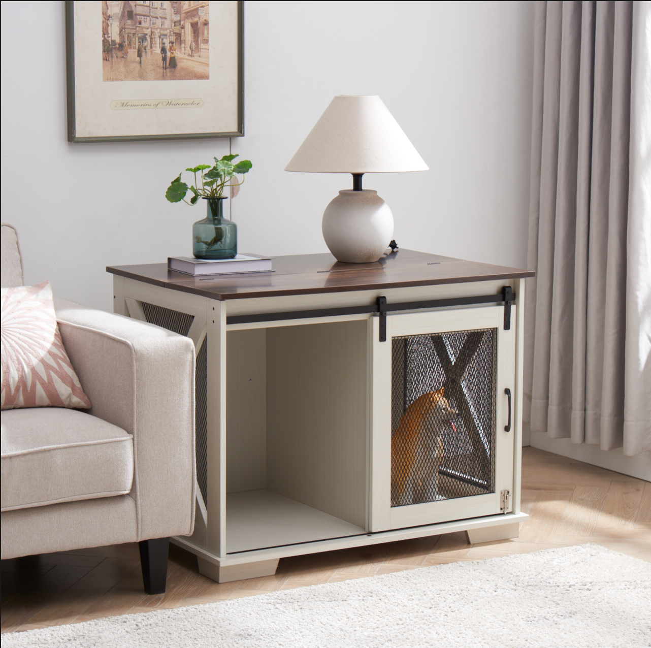 Farmhouse dog crate end table in distressed white with sliding barn door and black metal mesh  characters