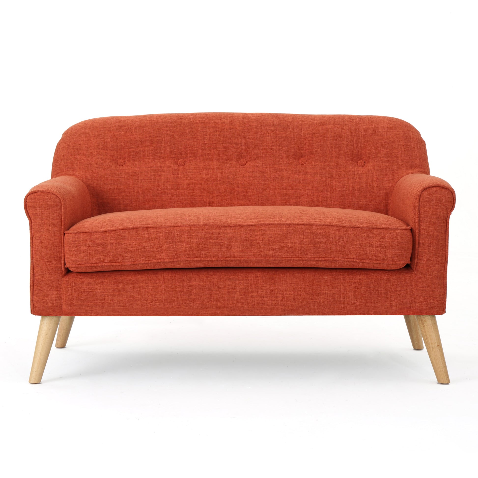Orange linen tufted loveseat with tapered wooden legs