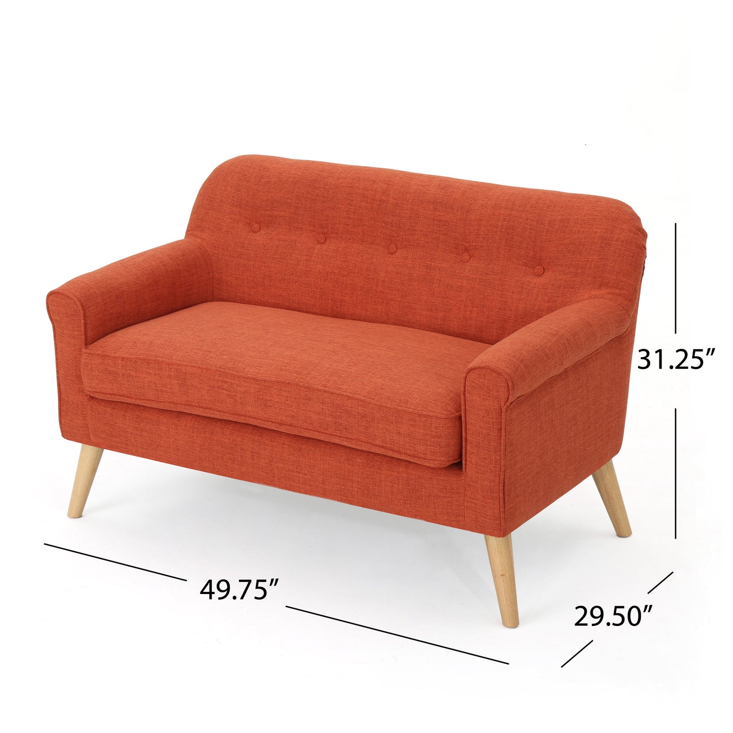 Orange linen twoseater sofa with button tufted back and wooden legs