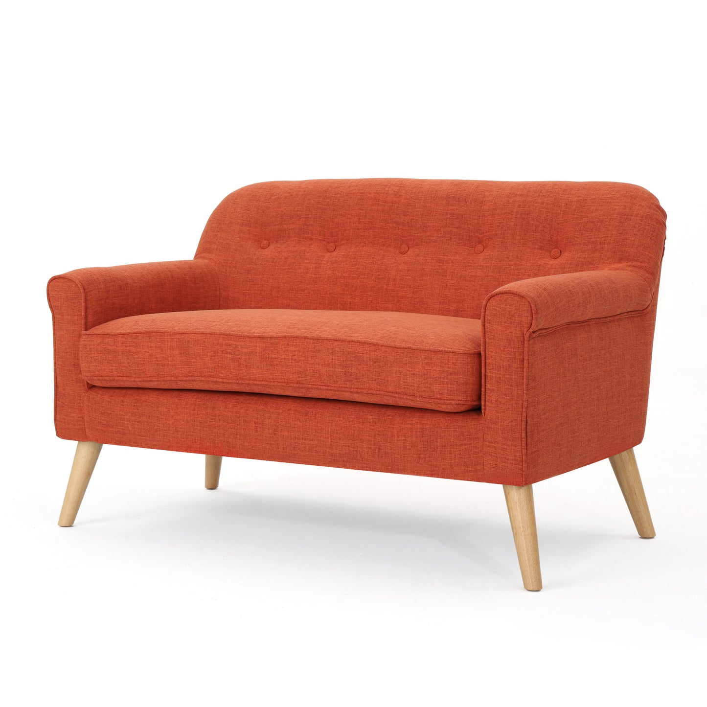 Terracotta linen blend loveseat with button tufting and tapered wooden legs