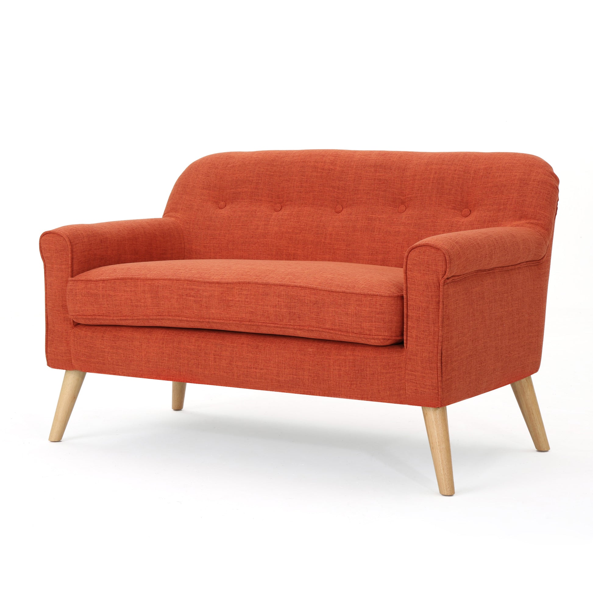 Terracotta linen blend loveseat with button tufting and tapered wooden legs