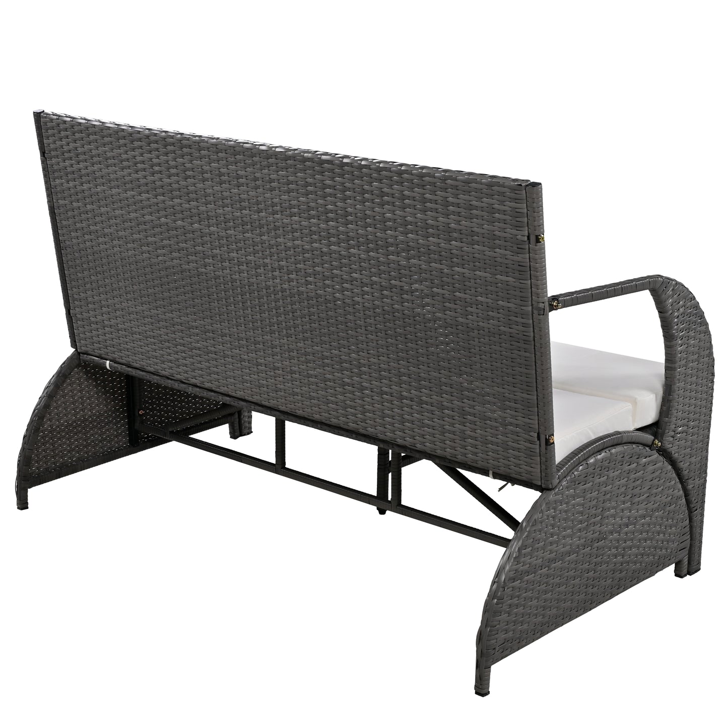 Dark gray wicker loveseat with white cushions rear view modern outdoor furniture