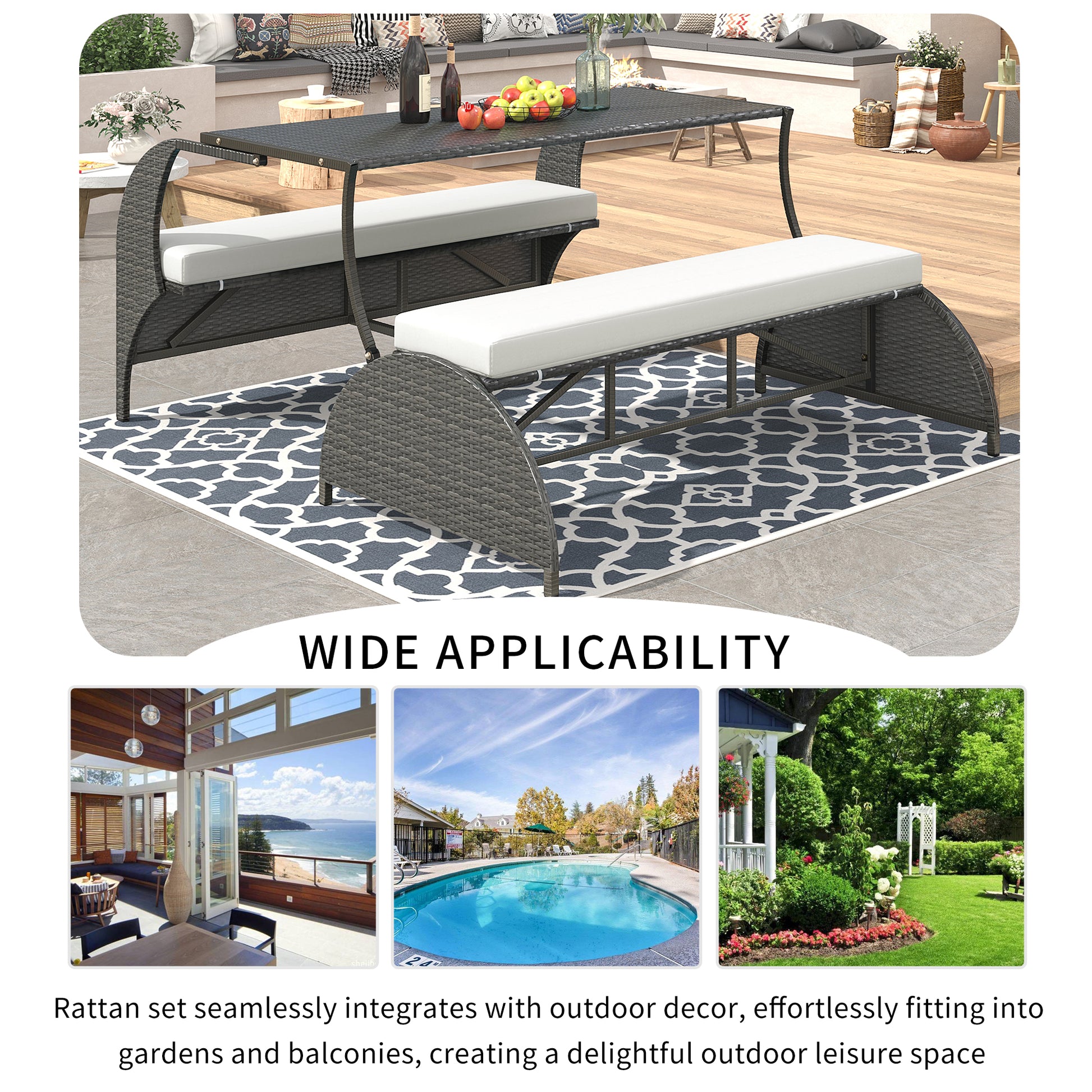 Dark grey rattan dining set with white cushions on a patterned rug
