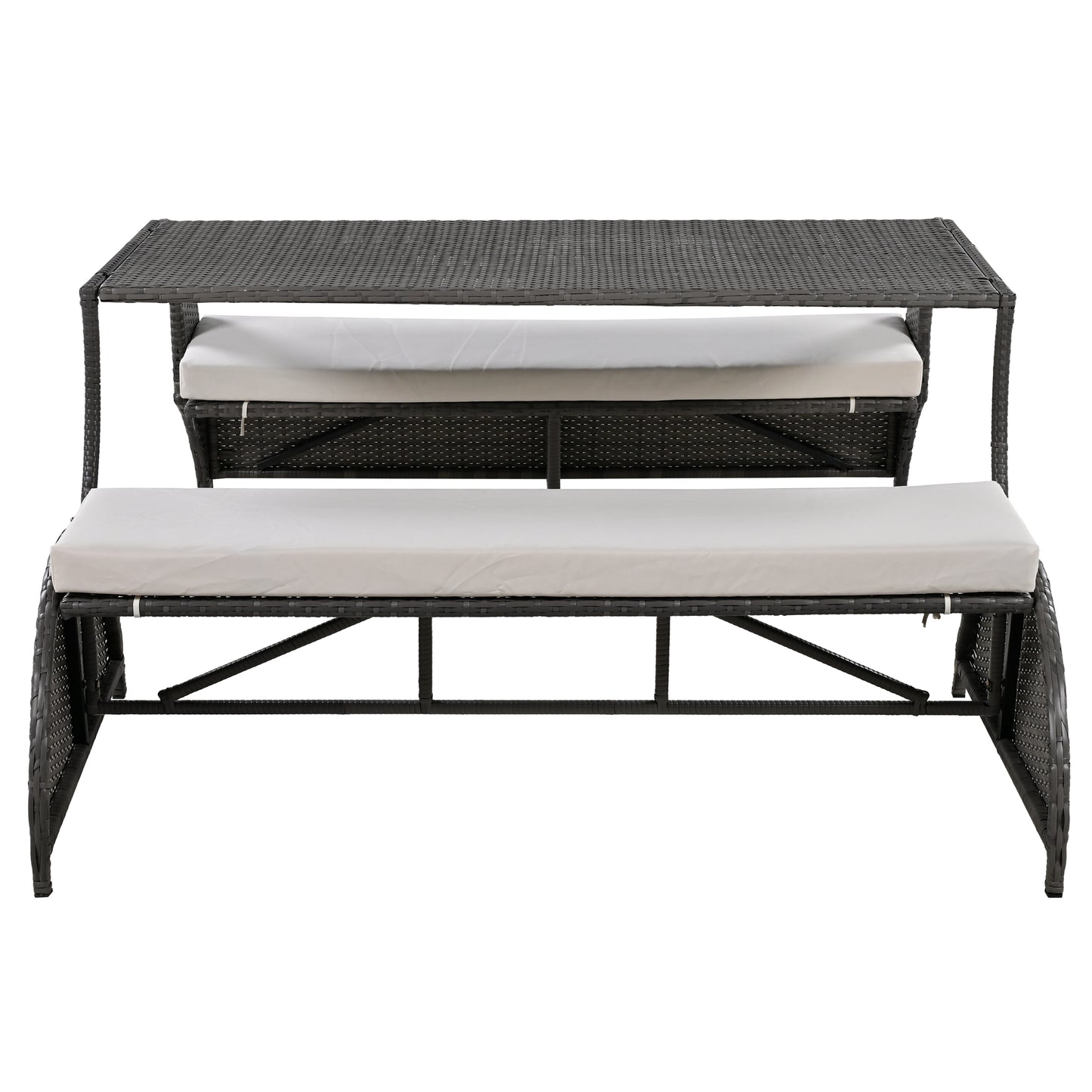 Brown rattan patio dining set with beige cushions perfect for outdoor gatherings