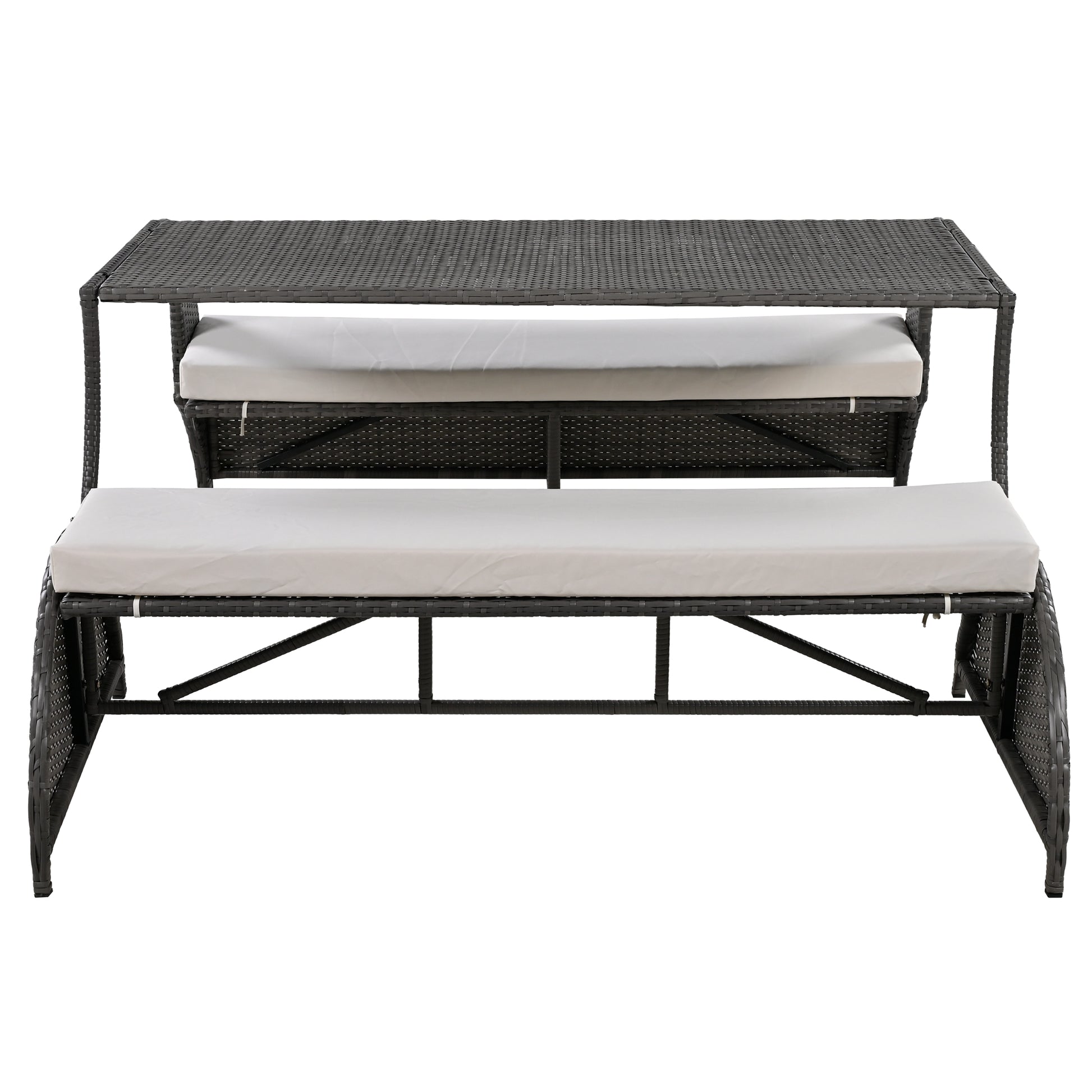 Brown rattan patio dining set with beige cushions perfect for outdoor gatherings