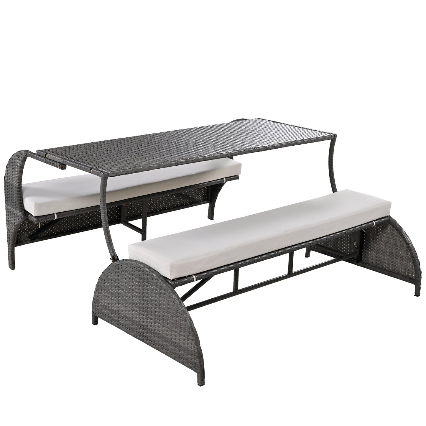 Gray wicker patio dining set with white cushions for outdoor entertaining