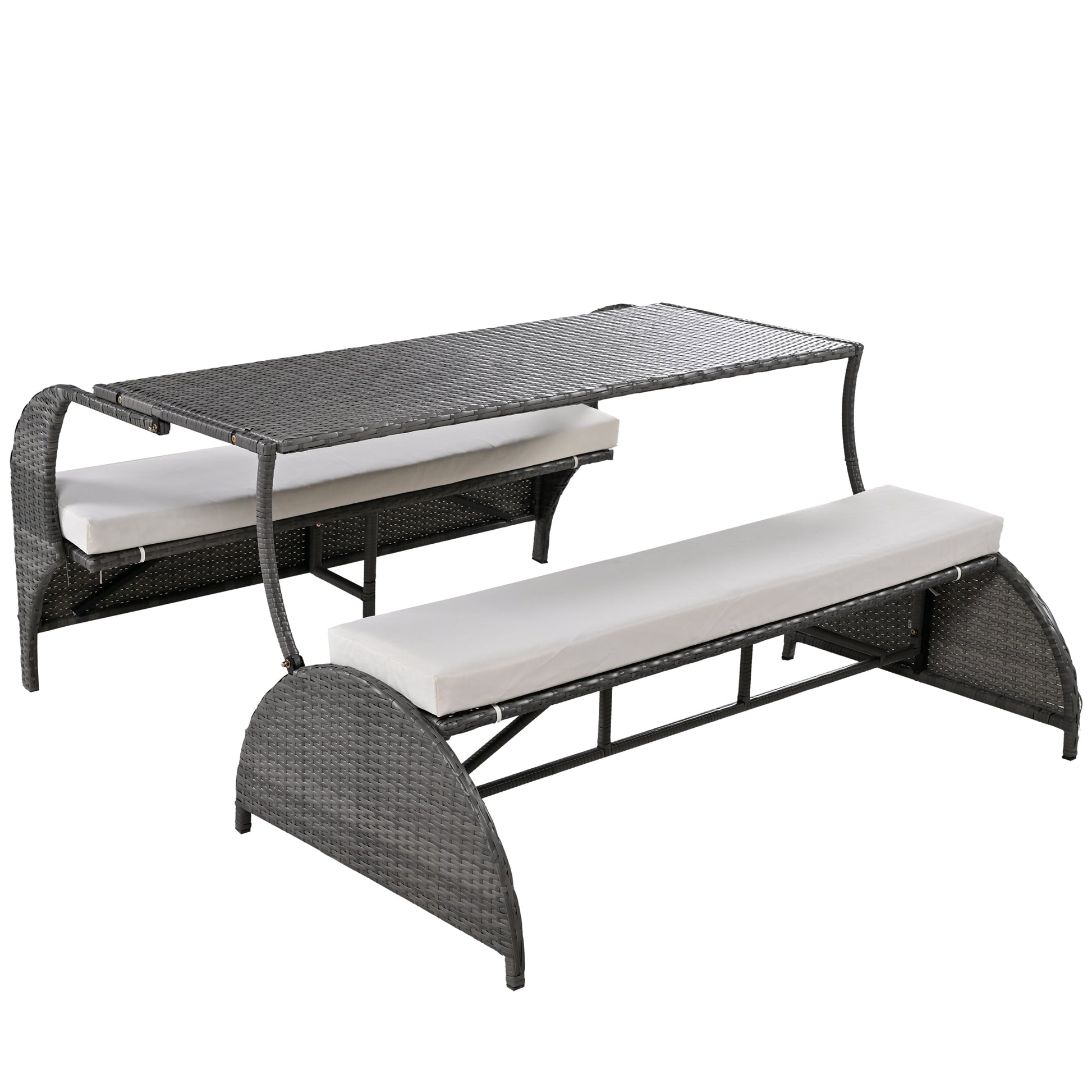 Gray wicker patio dining set with white cushions for outdoor entertaining