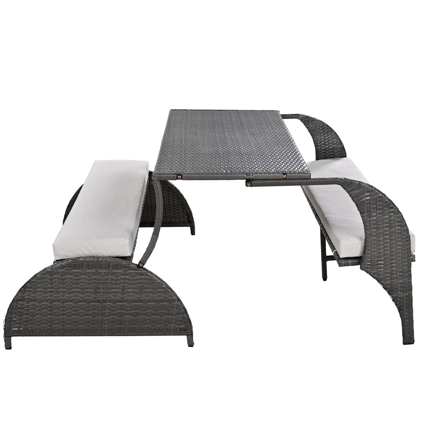 Gray wicker outdoor dining set with white cushions featuring a table and two bench seats