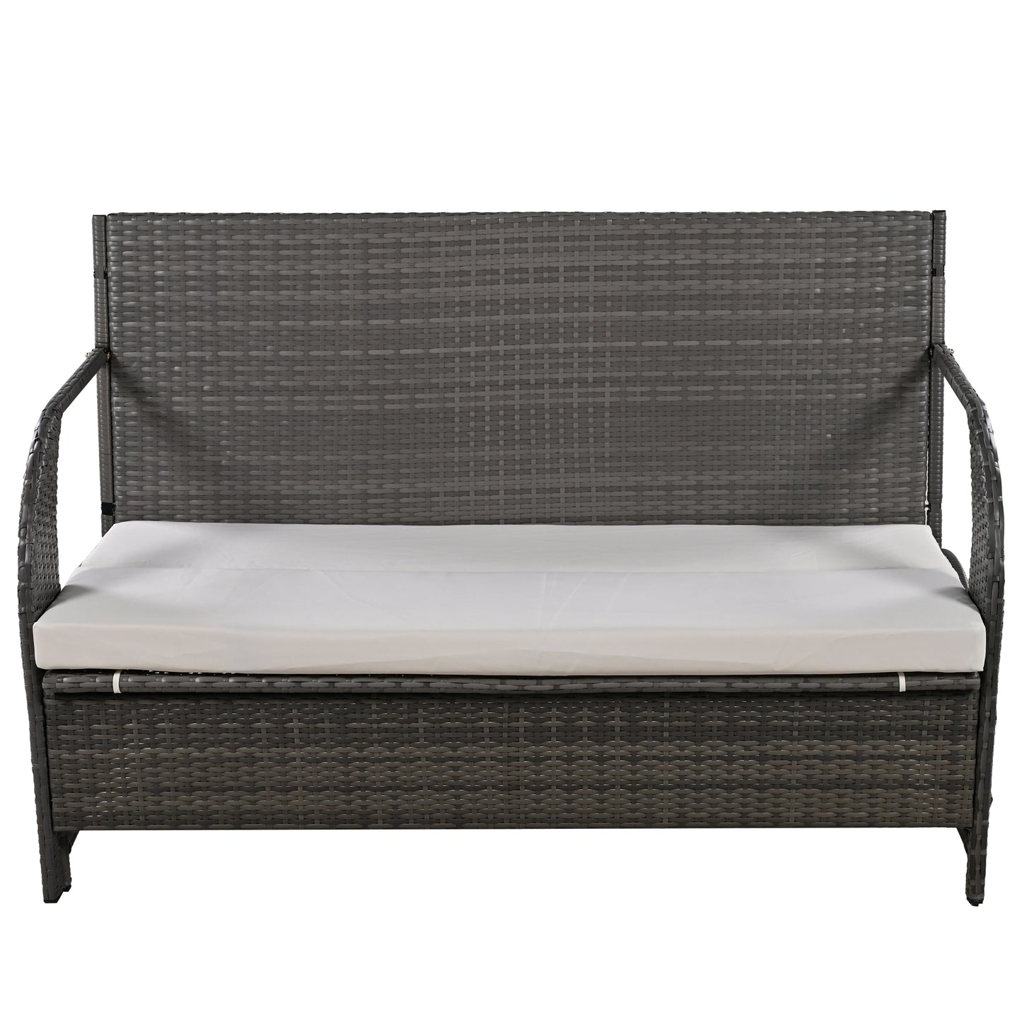 Gray wicker loveseat with a removable white cushion ideal for outdoor seating