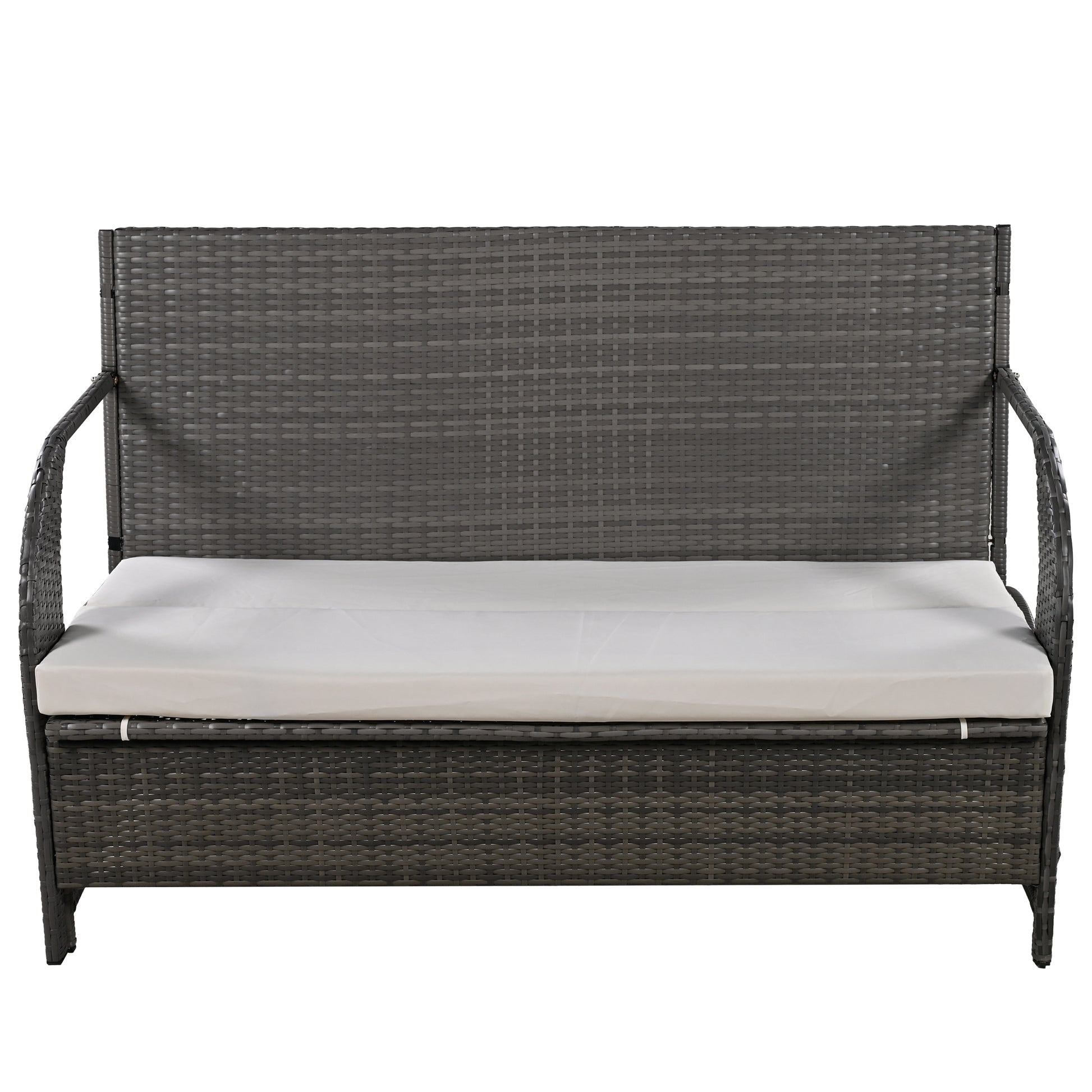 Gray wicker loveseat with a removable white cushion ideal for outdoor seating