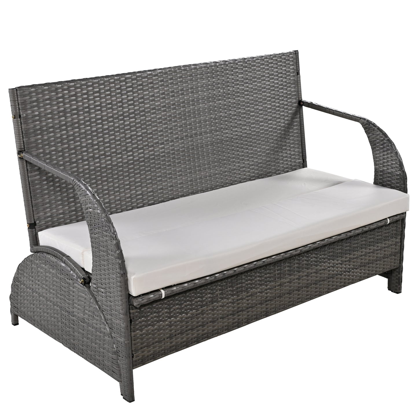 Gray rattan loveseat with white cushion for outdoor seating