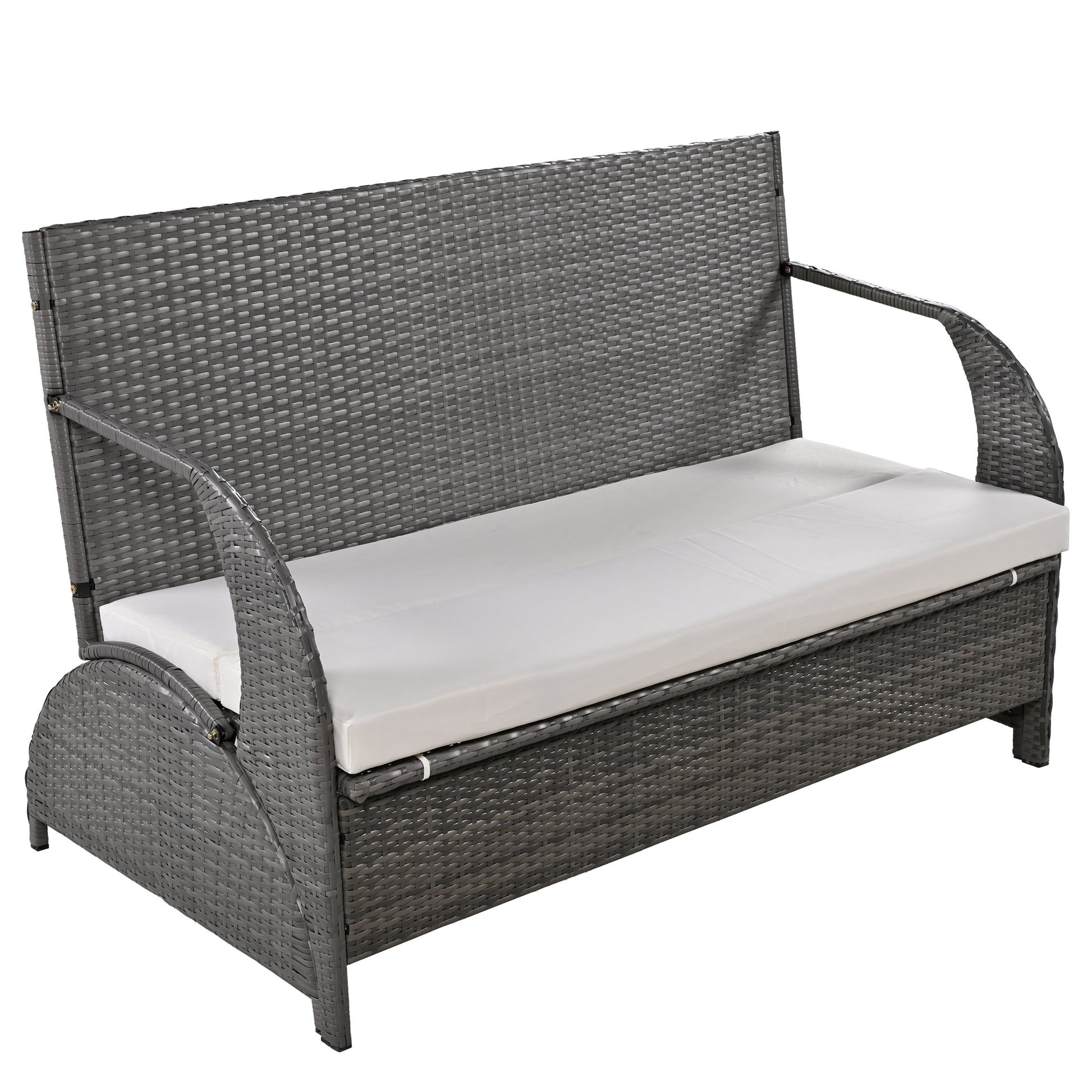 Gray rattan loveseat with white cushion for outdoor seating