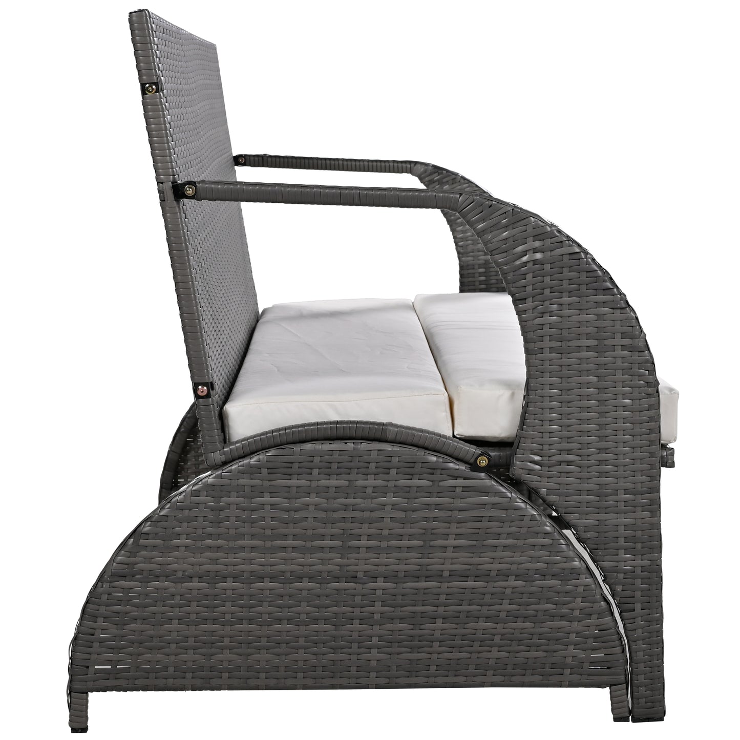 Gray rattan outdoor loveseat with white cushions and curved armrests perfect for patio decor