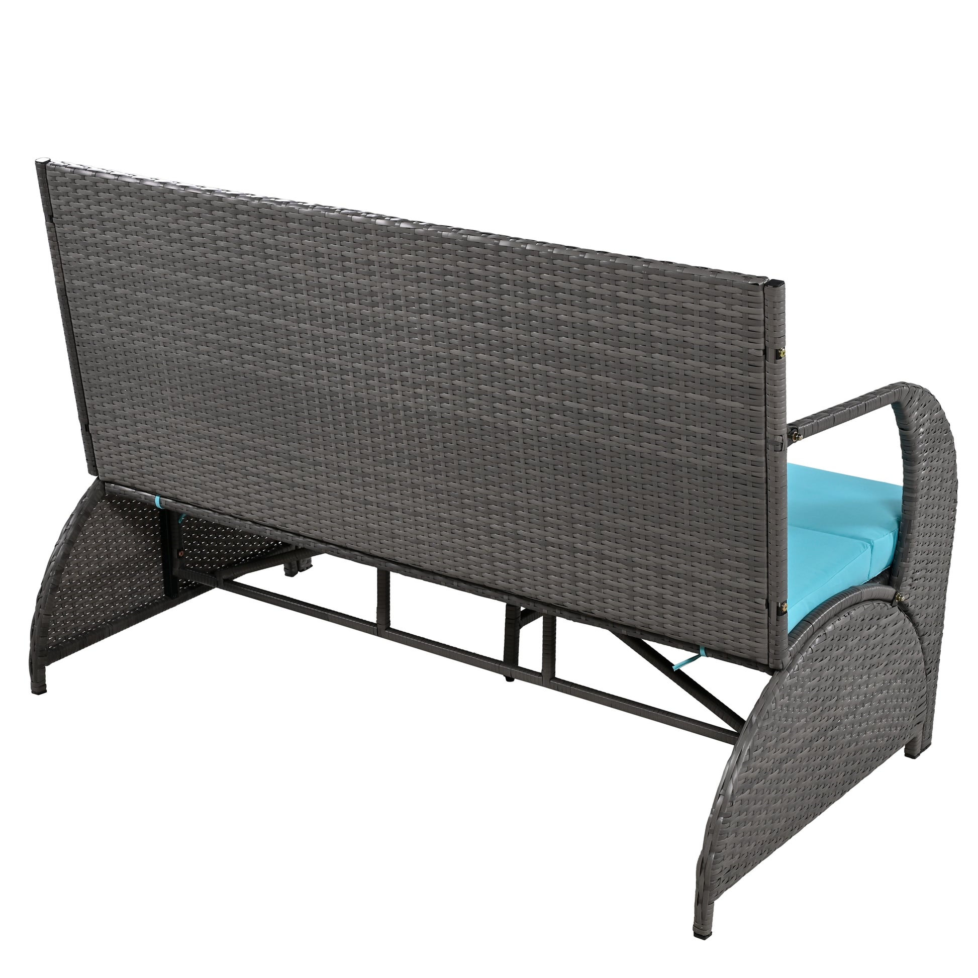 Gray rattan loveseat with a turquoise seat cushion from the back
