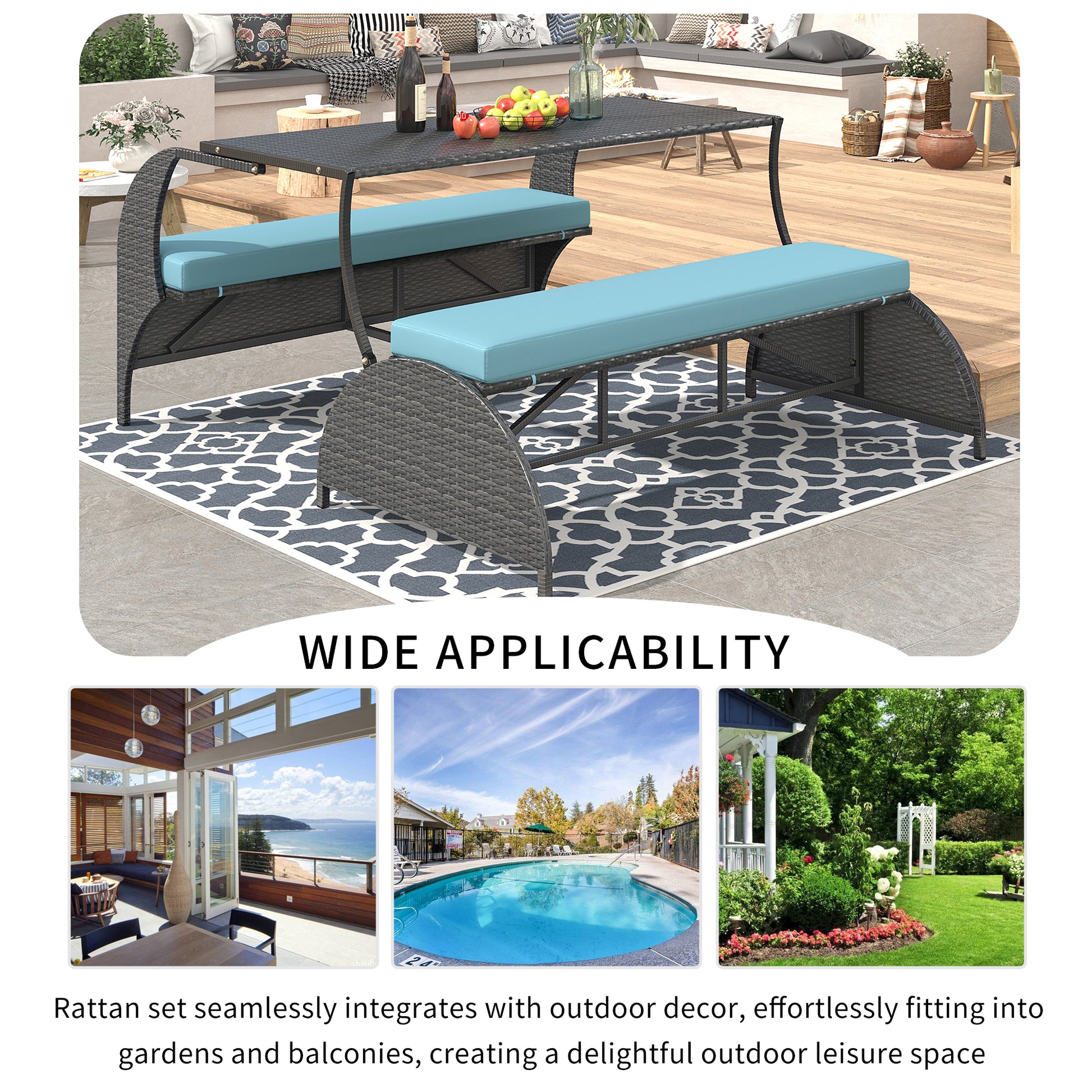 Grey rattan dining set with light blue cushions on a patio rug