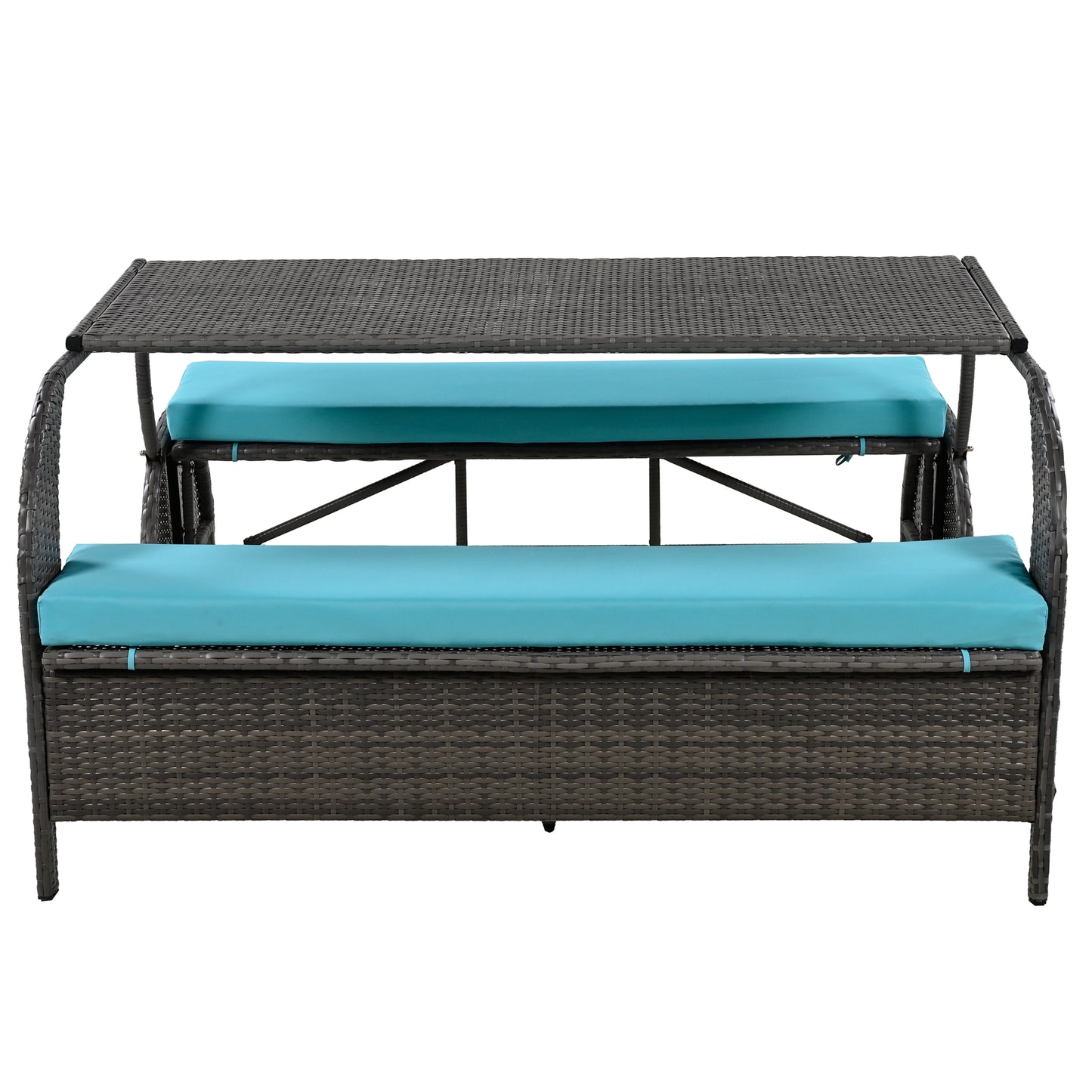 Dark grey wicker patio dining set with turquoise cushions