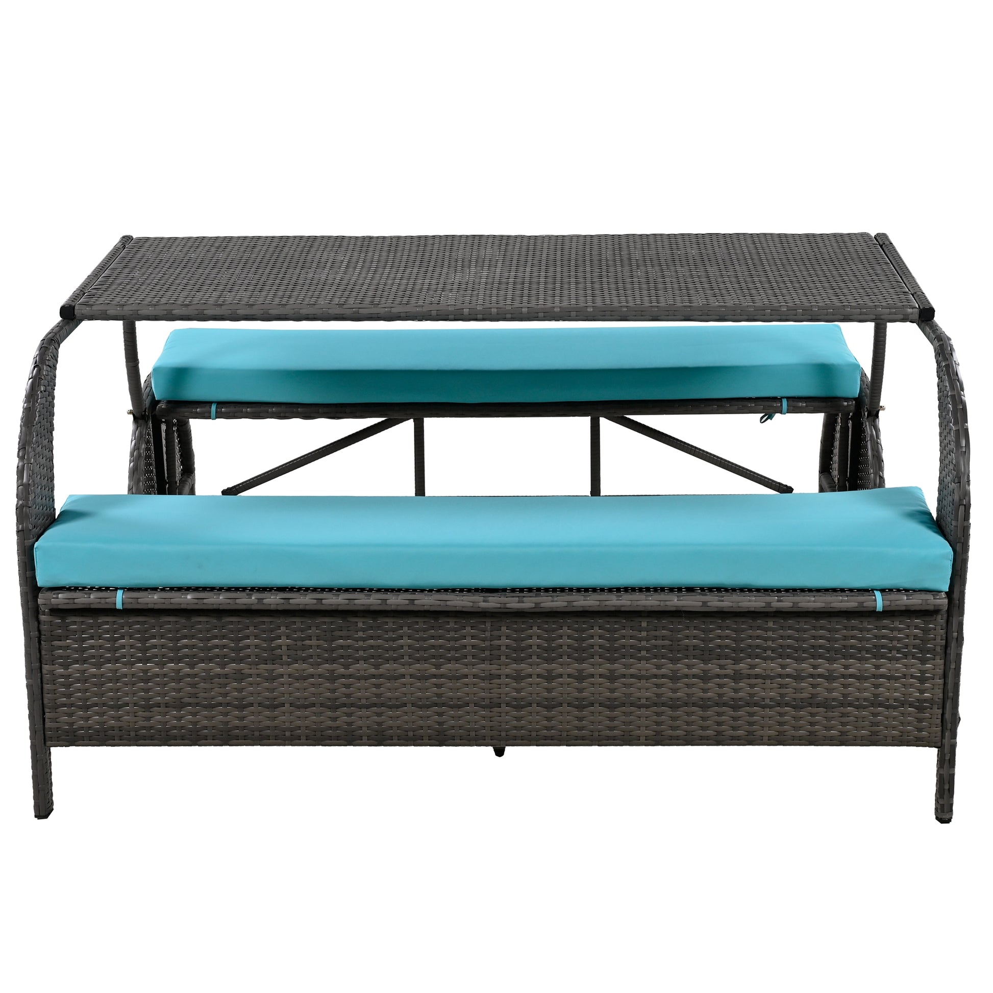 Dark grey wicker patio dining set with turquoise cushions