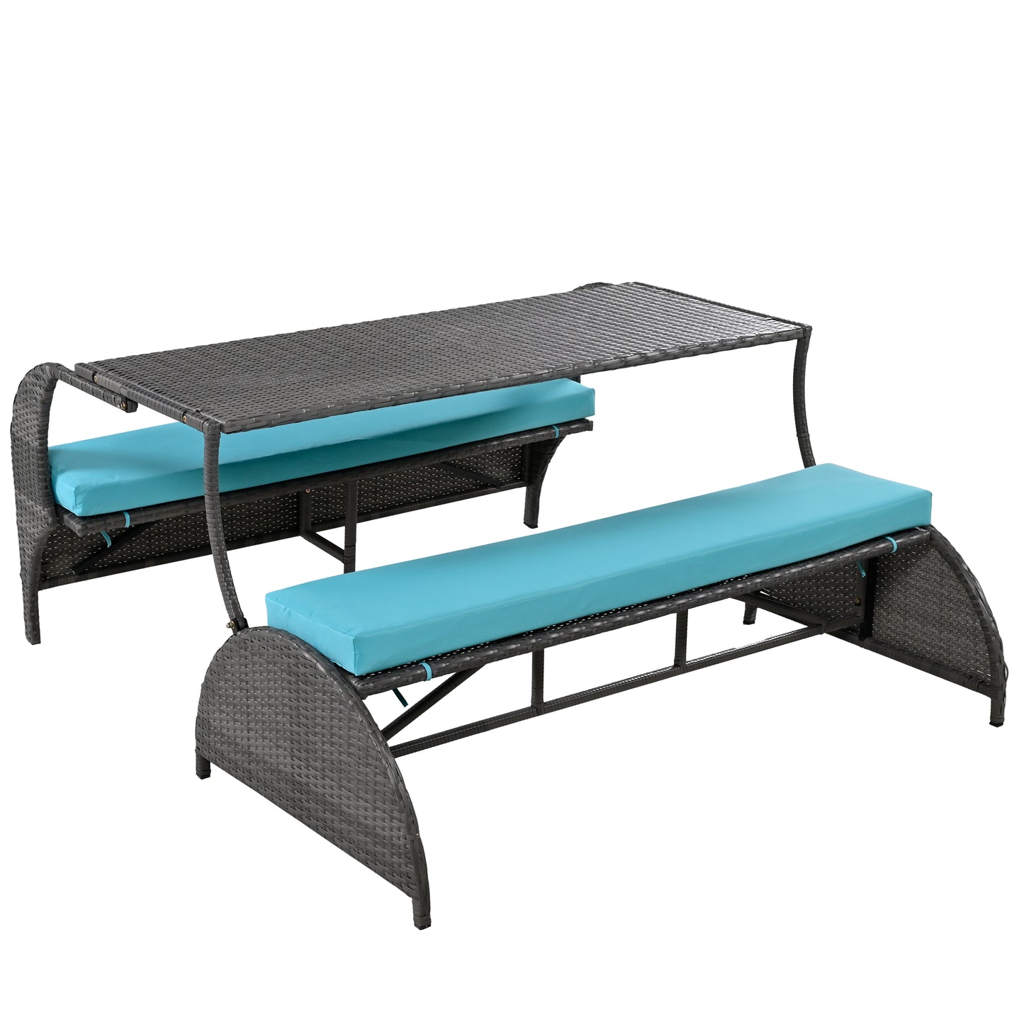 Gray rattan patio dining set with turquoise cushions