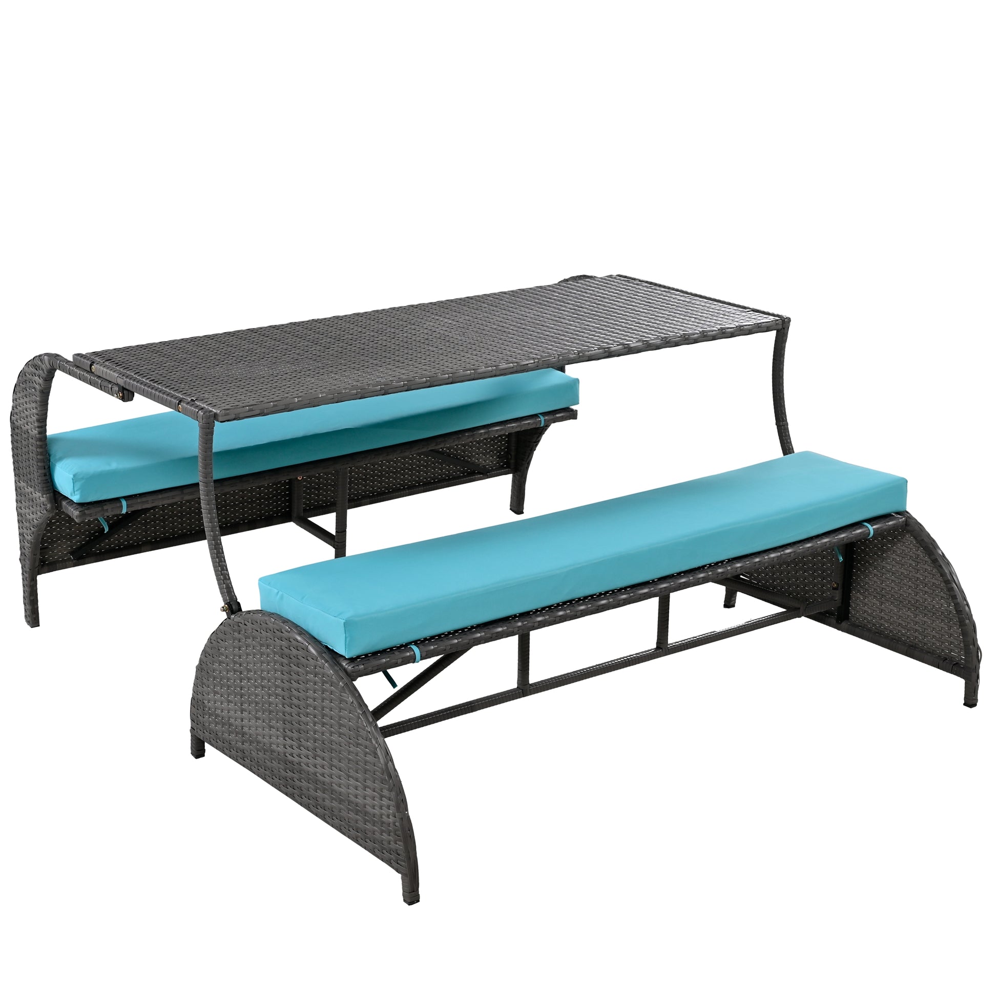 Gray rattan patio dining set with turquoise cushions