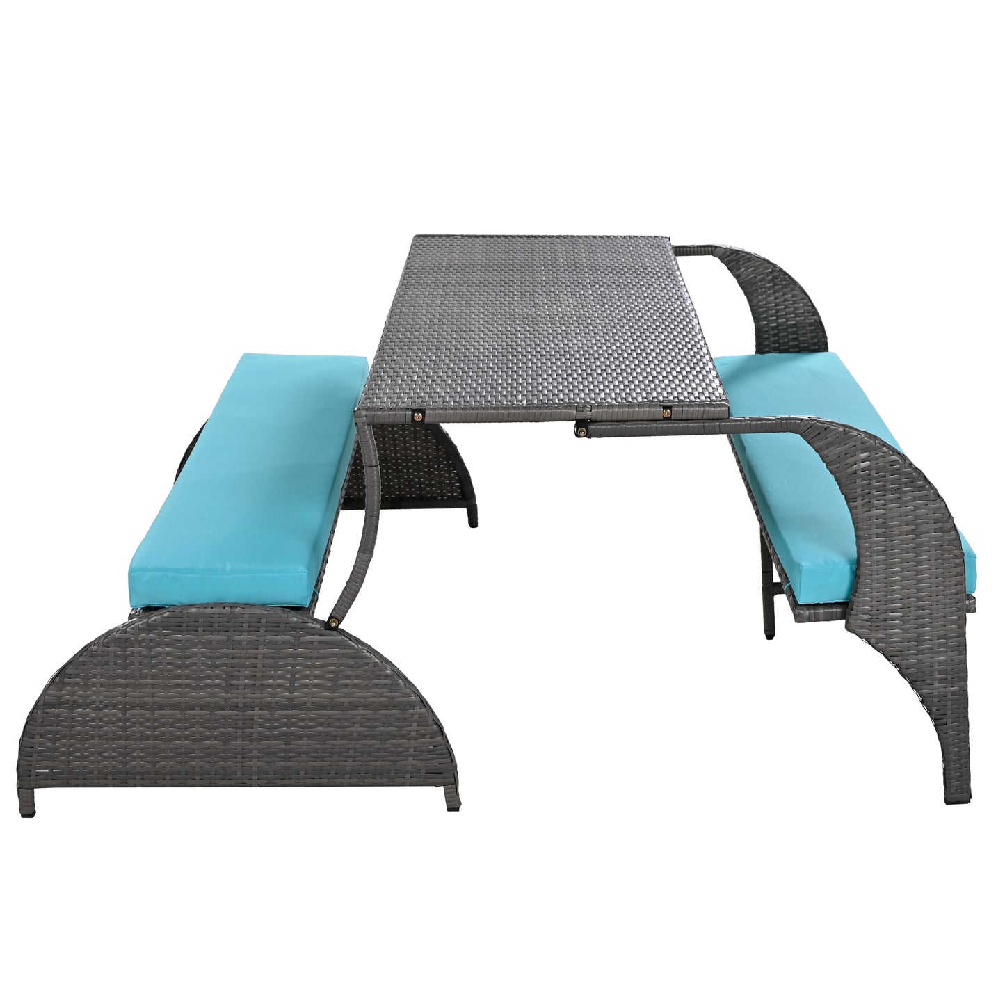 Grey wicker picnic table with blue cushions modern outdoor furniture set