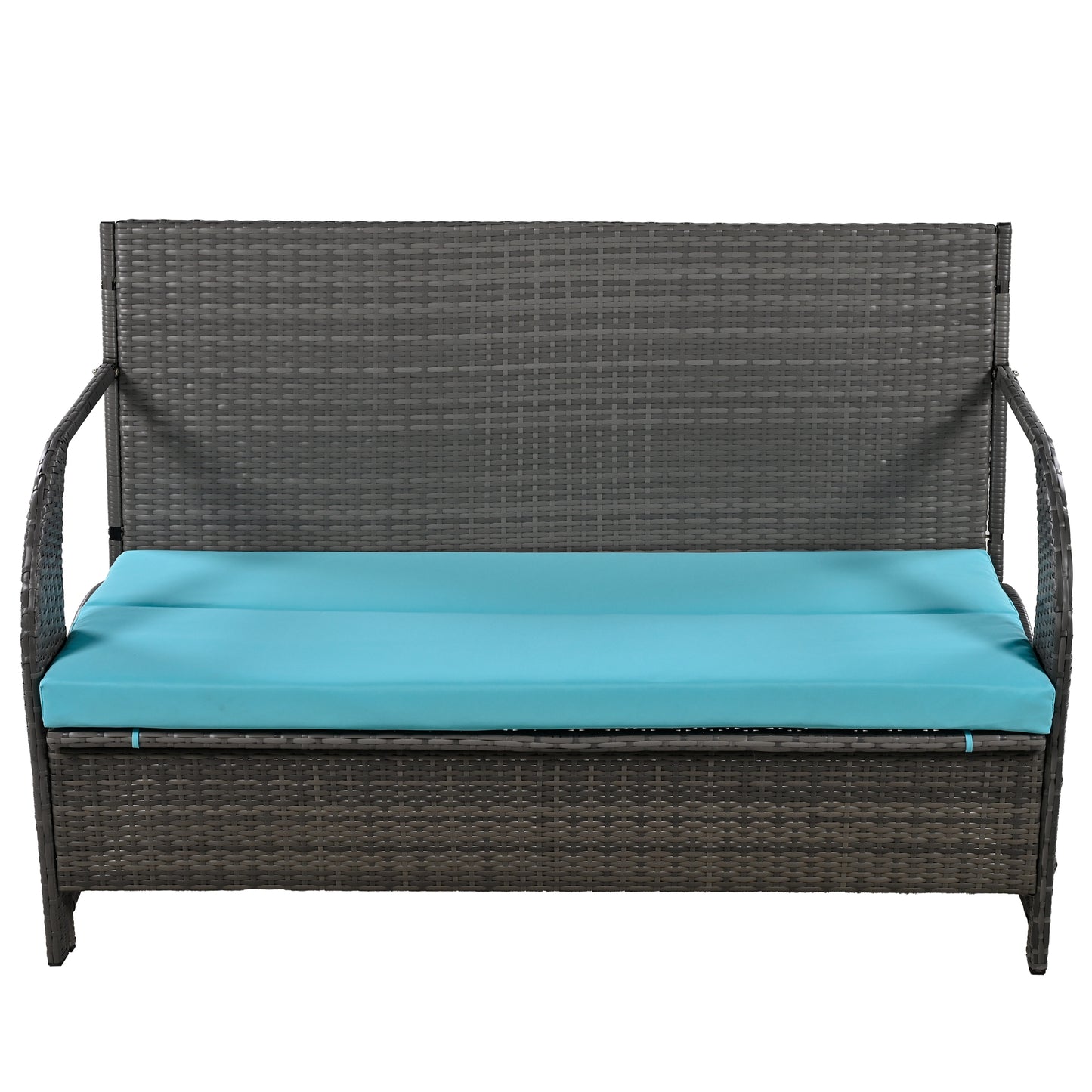 Dark grey wicker outdoor bench with a bright turquoise seat cushion perfect for patio seating
