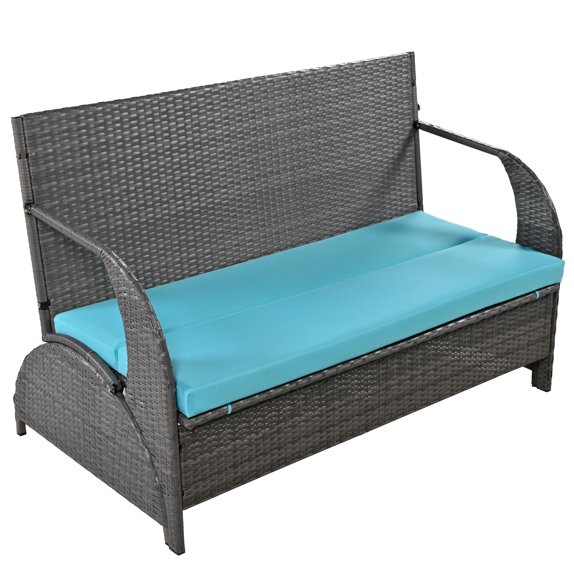 Gray wicker patio bench with bright turquoise seat cushion perfect for outdoor relaxation