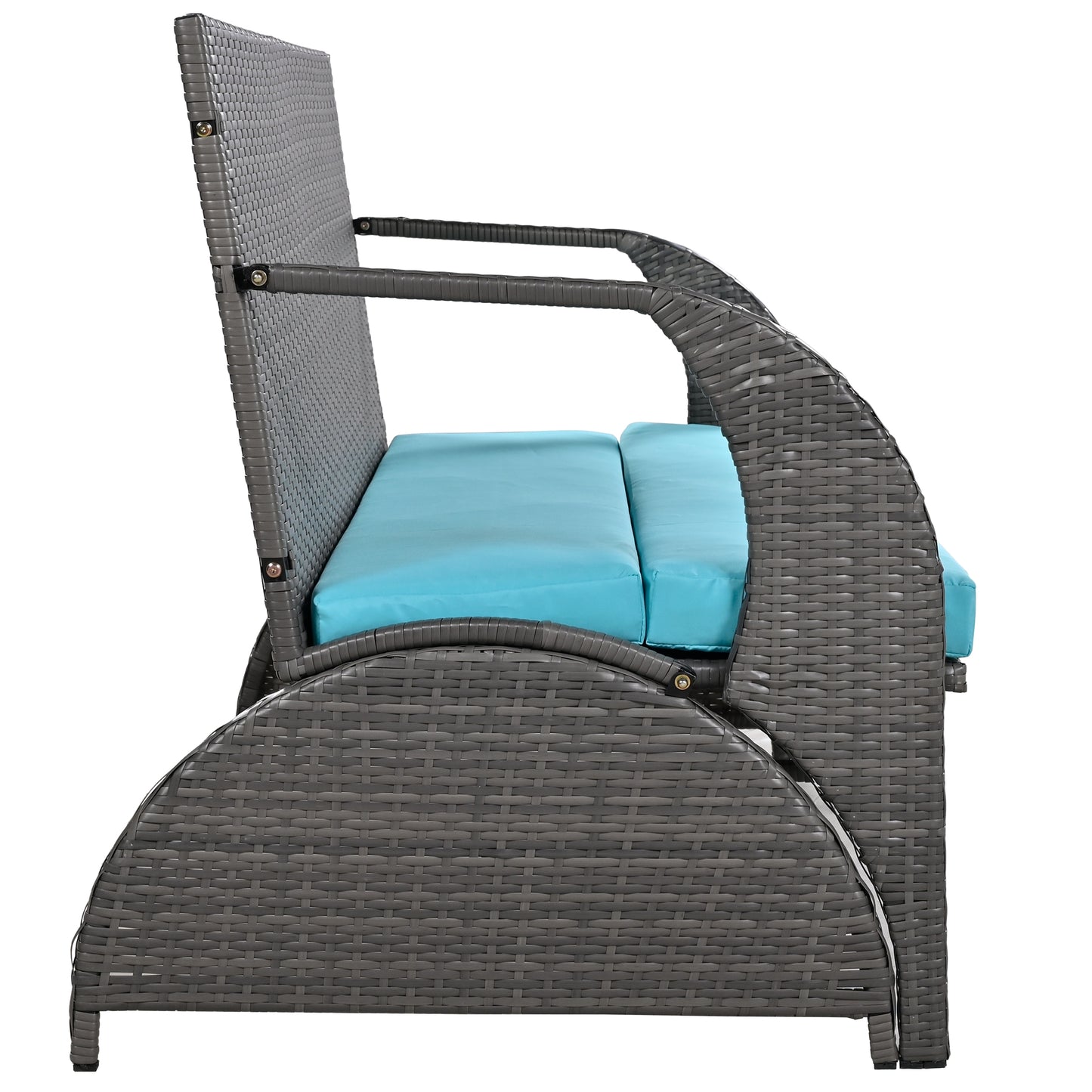 Gray wicker loveseat with bright teal cushions perfect for outdoor patios