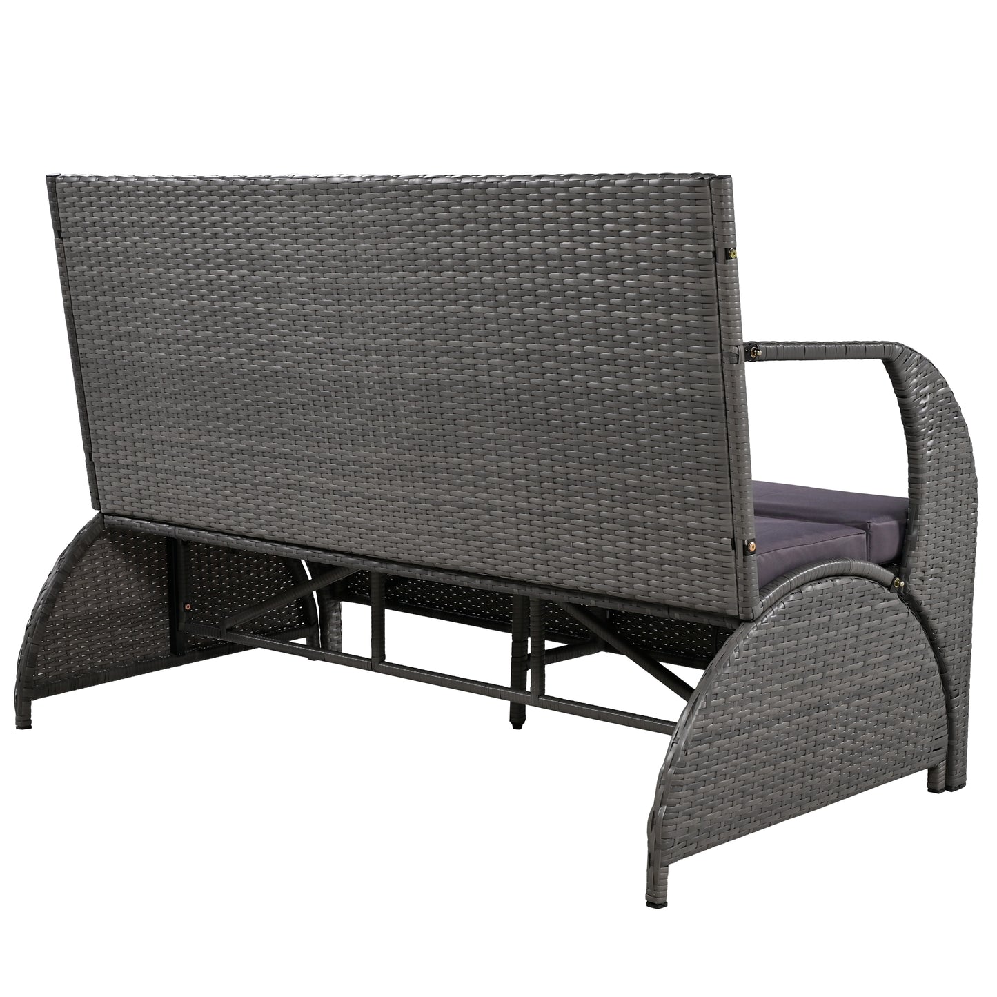 Grey wicker outdoor loveseat with charcoal cushions and a curved design