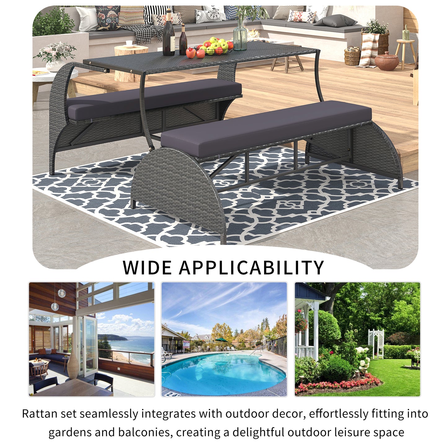Gray wicker dining set with dark cushions on patio rug