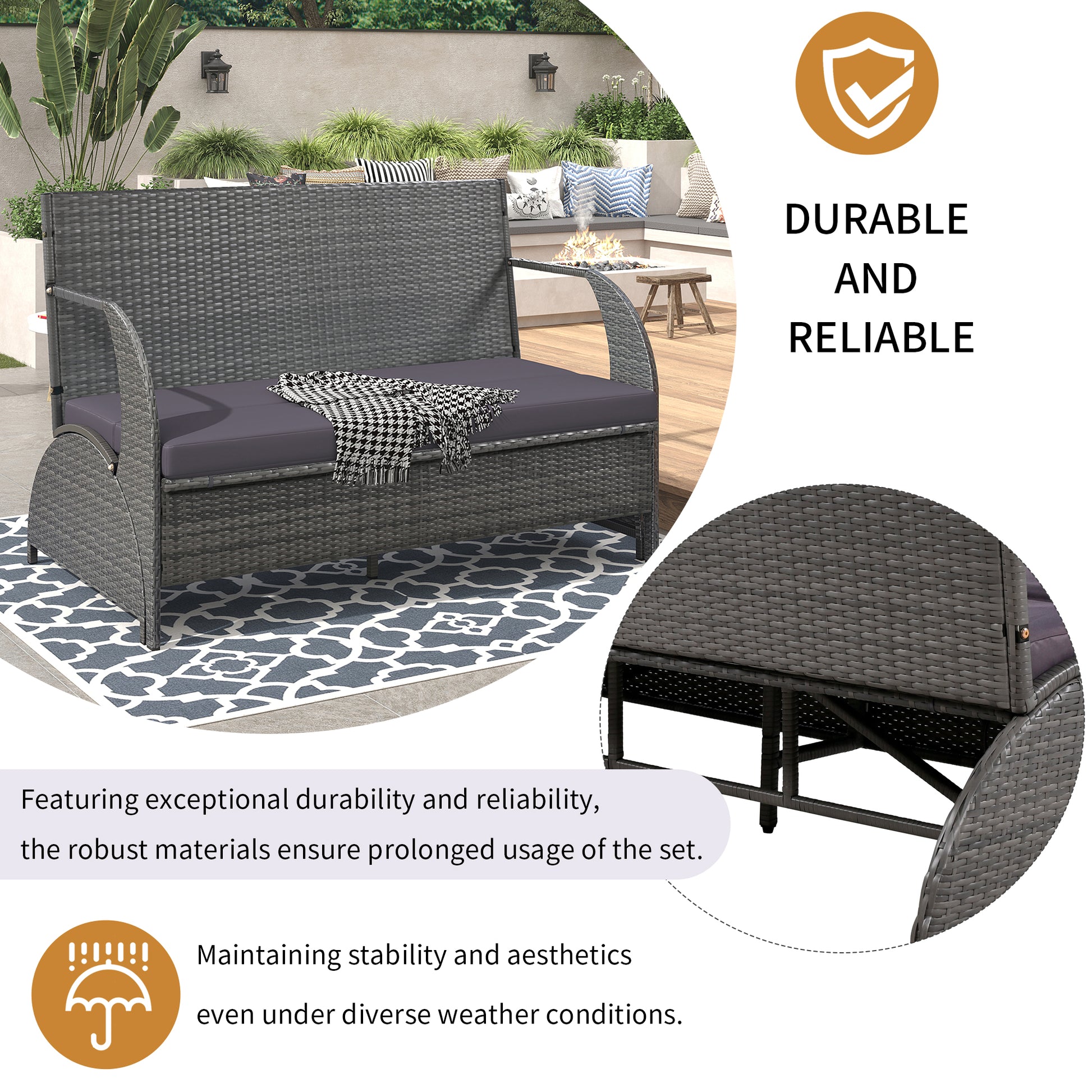 Dark grey wicker loveseat with charcoal cushions and throw perfect for patio relaxation