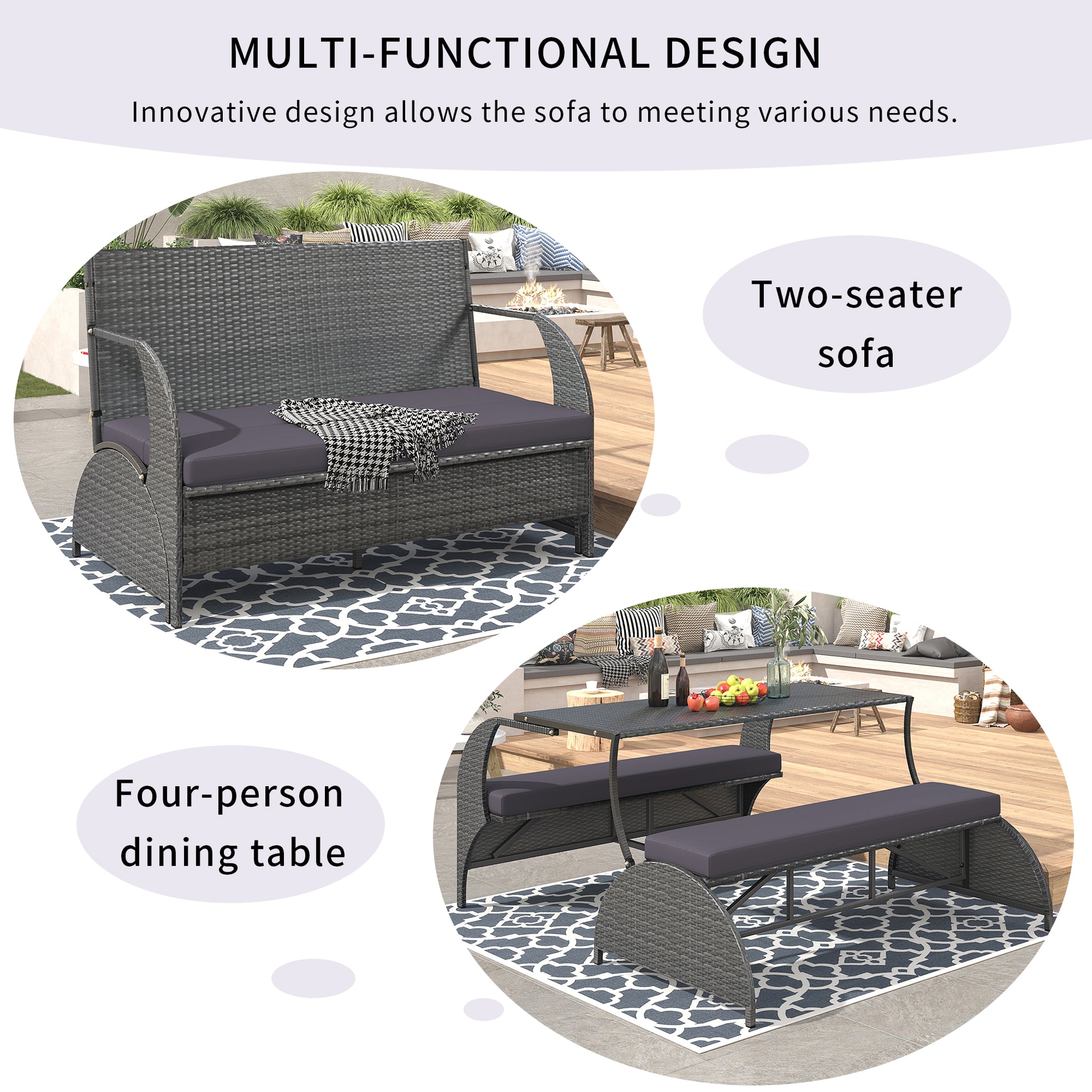 Gray wicker twoseater sofa with dark gray cushions and throw for outdoor seating