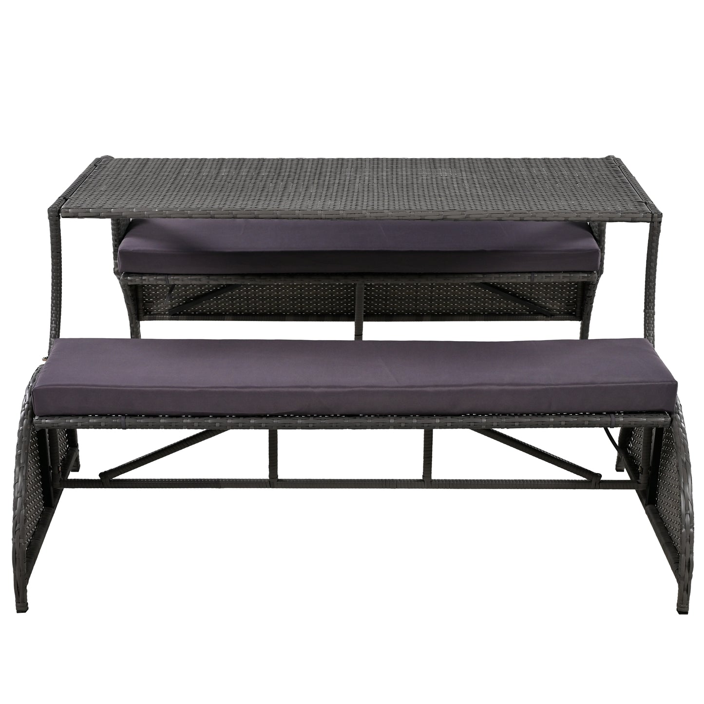 Dark gray rattan patio dining set with bench and bench cushion