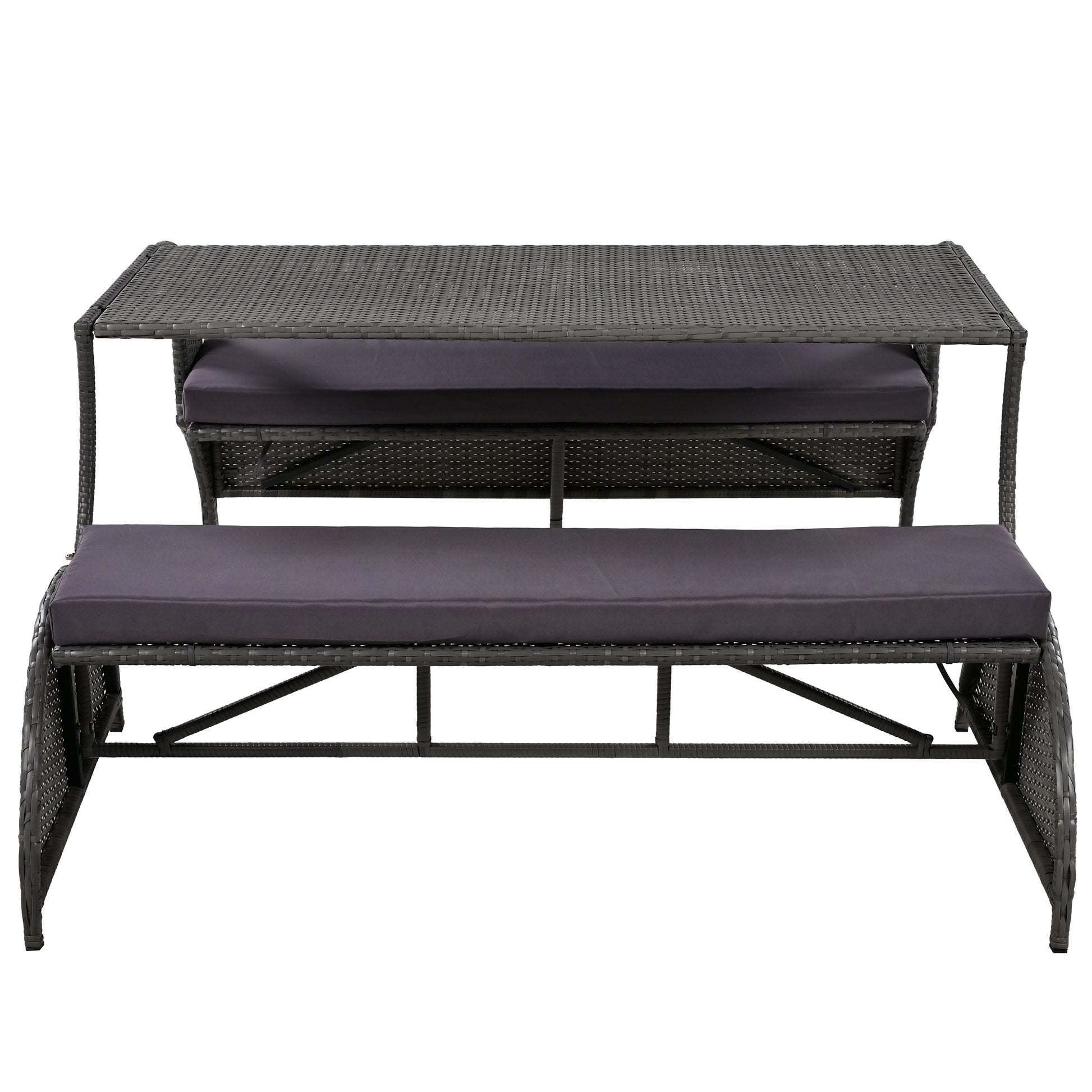 Dark gray rattan patio dining set with bench and bench cushion