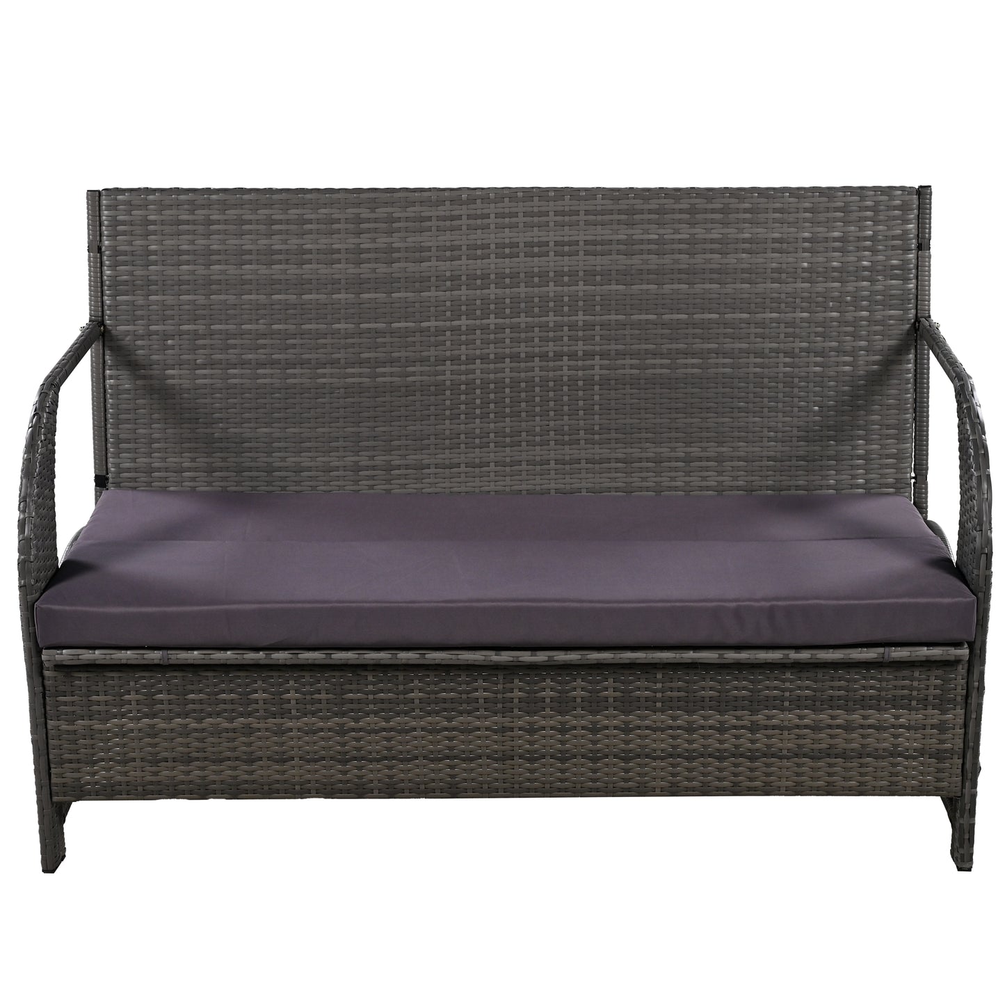 Dark gray rattan patio bench with storage and dark gray cushion
