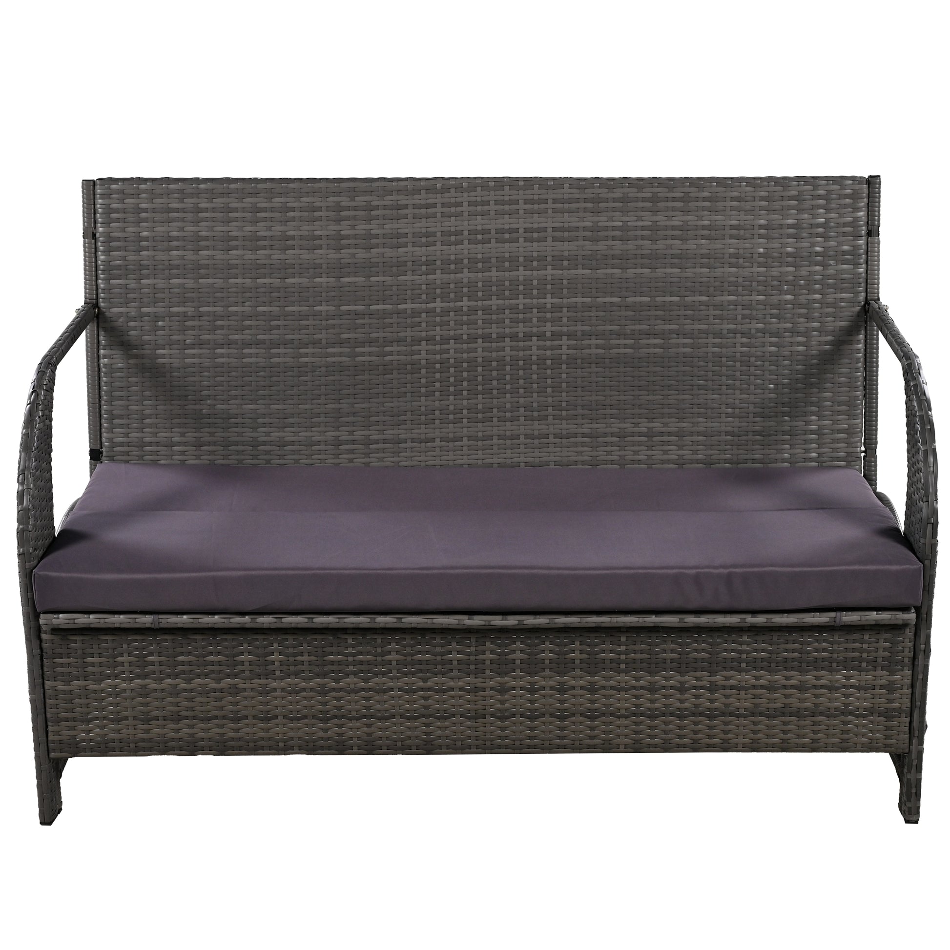 Dark gray rattan patio bench with storage and dark gray cushion