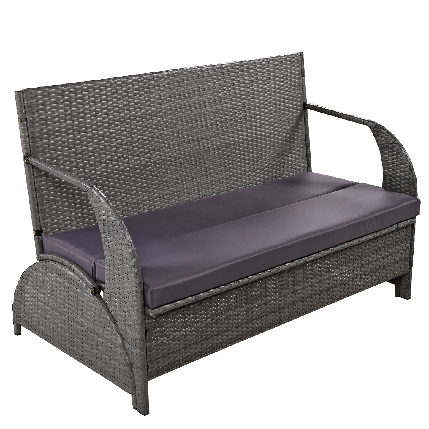 Grey rattan loveseat with dark grey seat cushions ideal for outdoor patio seating