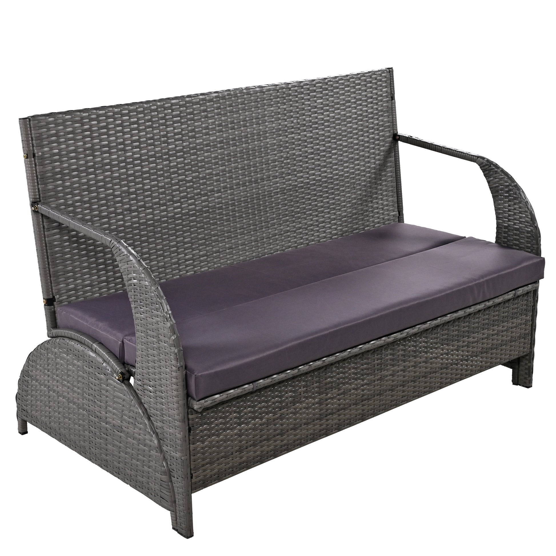 Grey rattan loveseat with dark grey seat cushions ideal for outdoor patio seating
