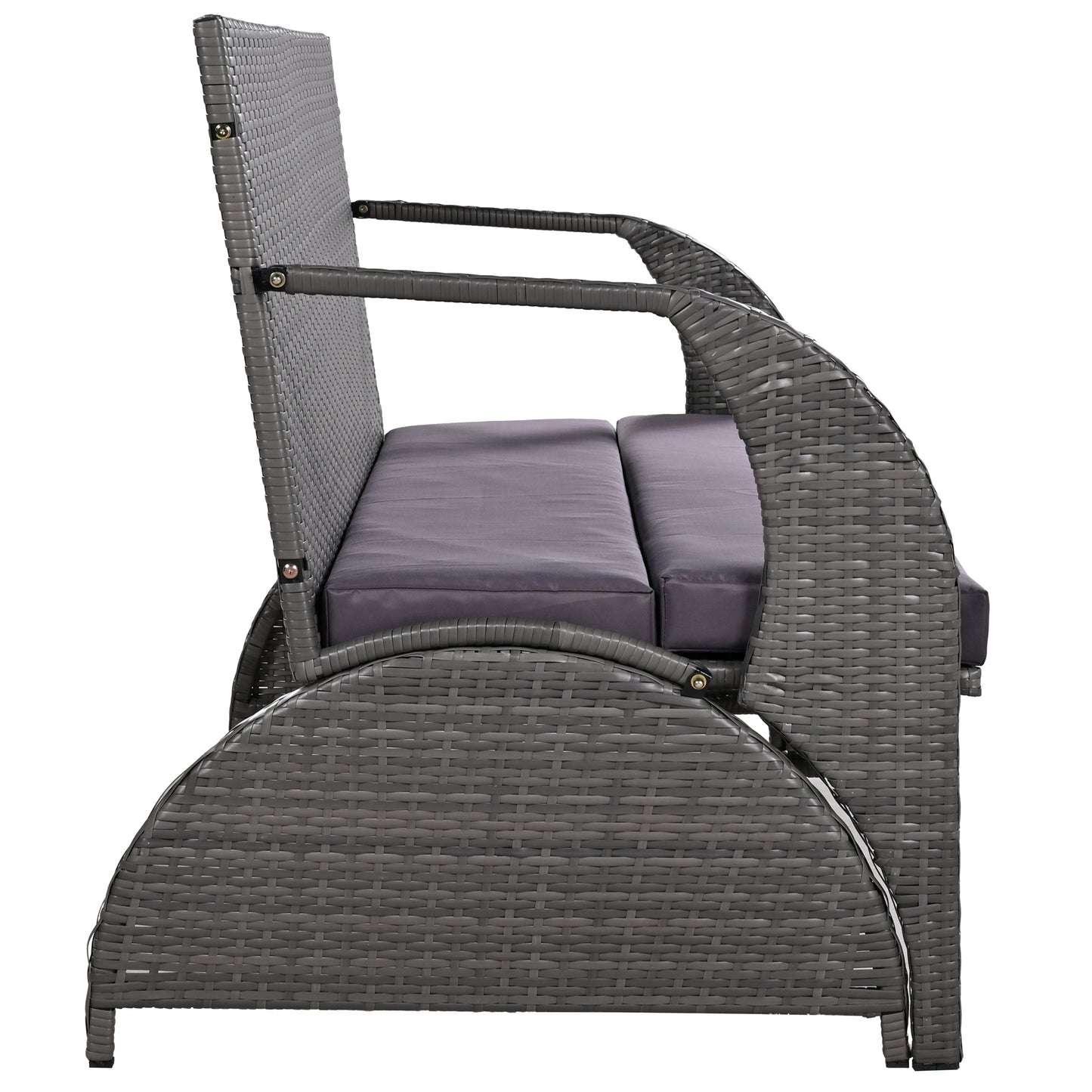 Grey wicker loveseat with plush seat cushions ideal for outdoor patios
