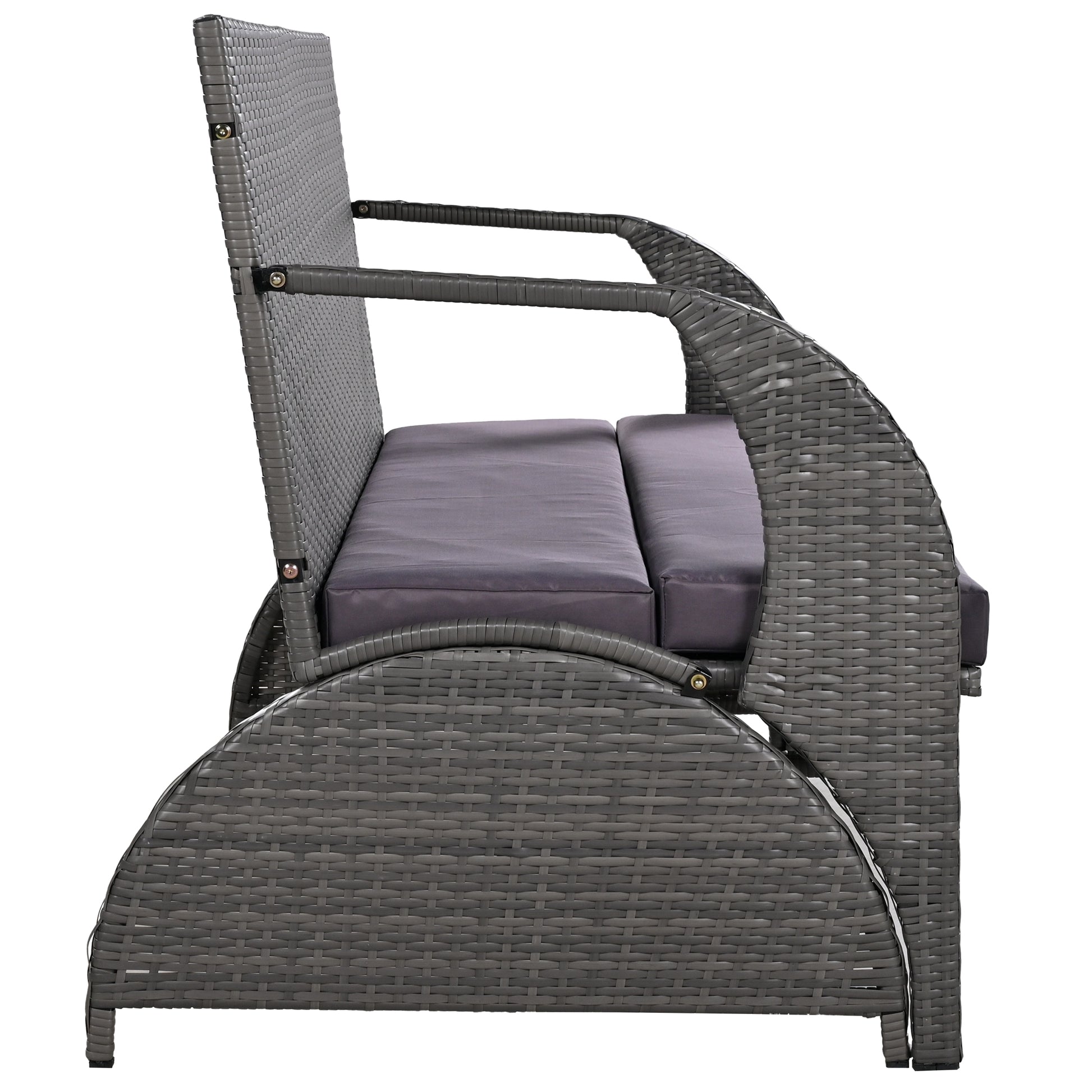 Grey wicker loveseat with plush seat cushions ideal for outdoor patios