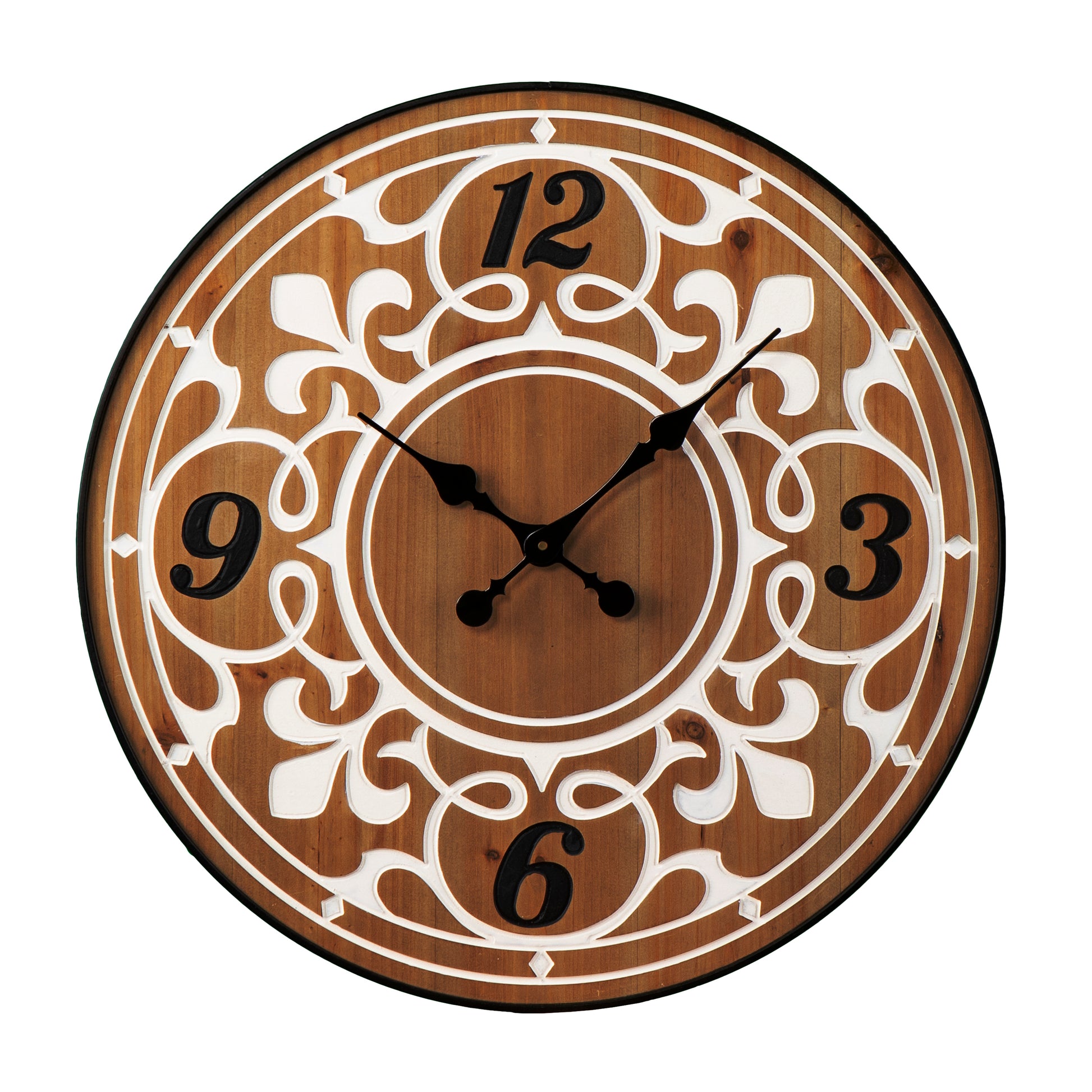 Rustic brown wooden wall clock with intricate white scrollwork and black numerals